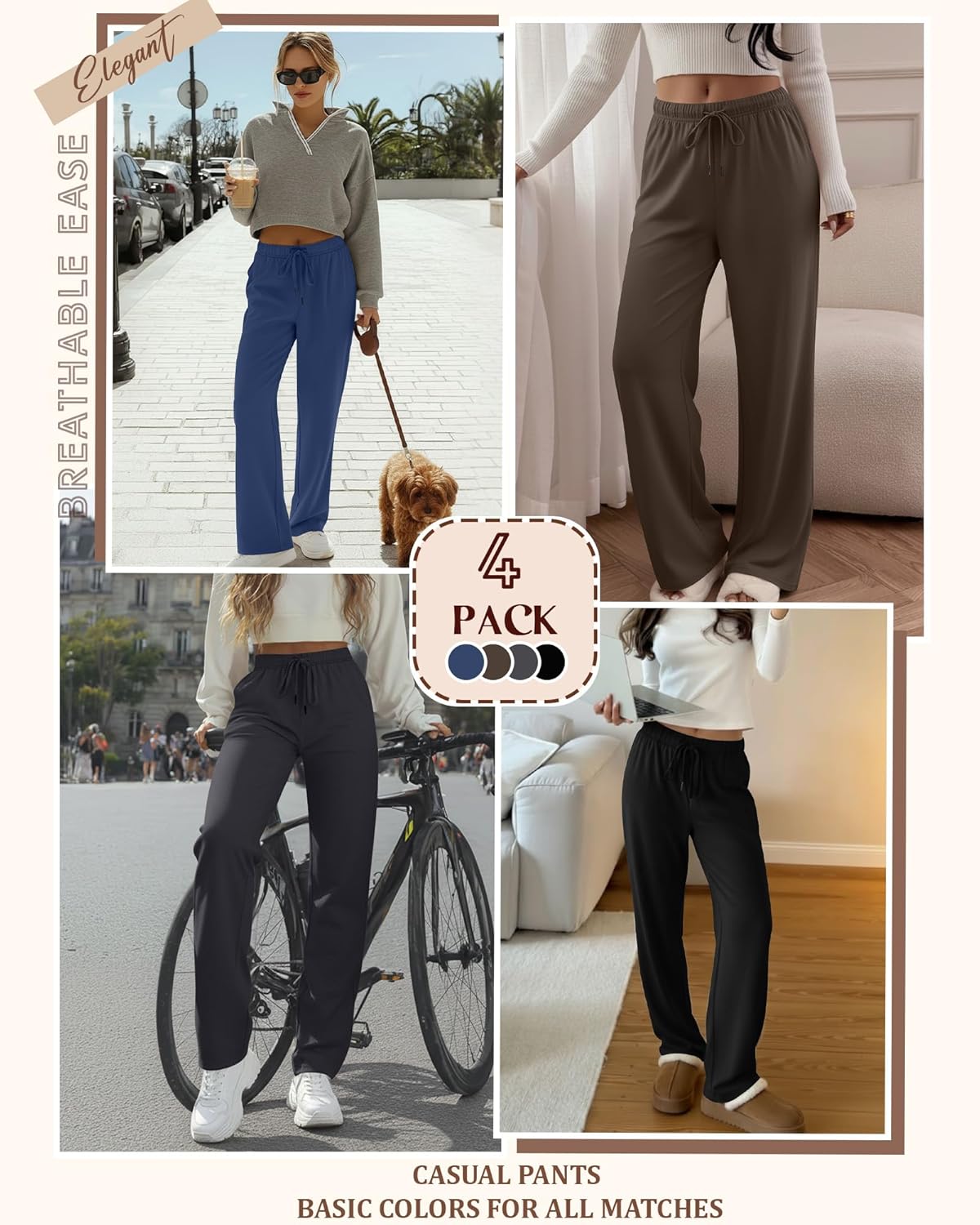 4 Pack Women's Lounge Pants Wide Leg Loose Casual Yoga Pants Elastic Waist Drawstring Sweatpants with Pockets - Image 3