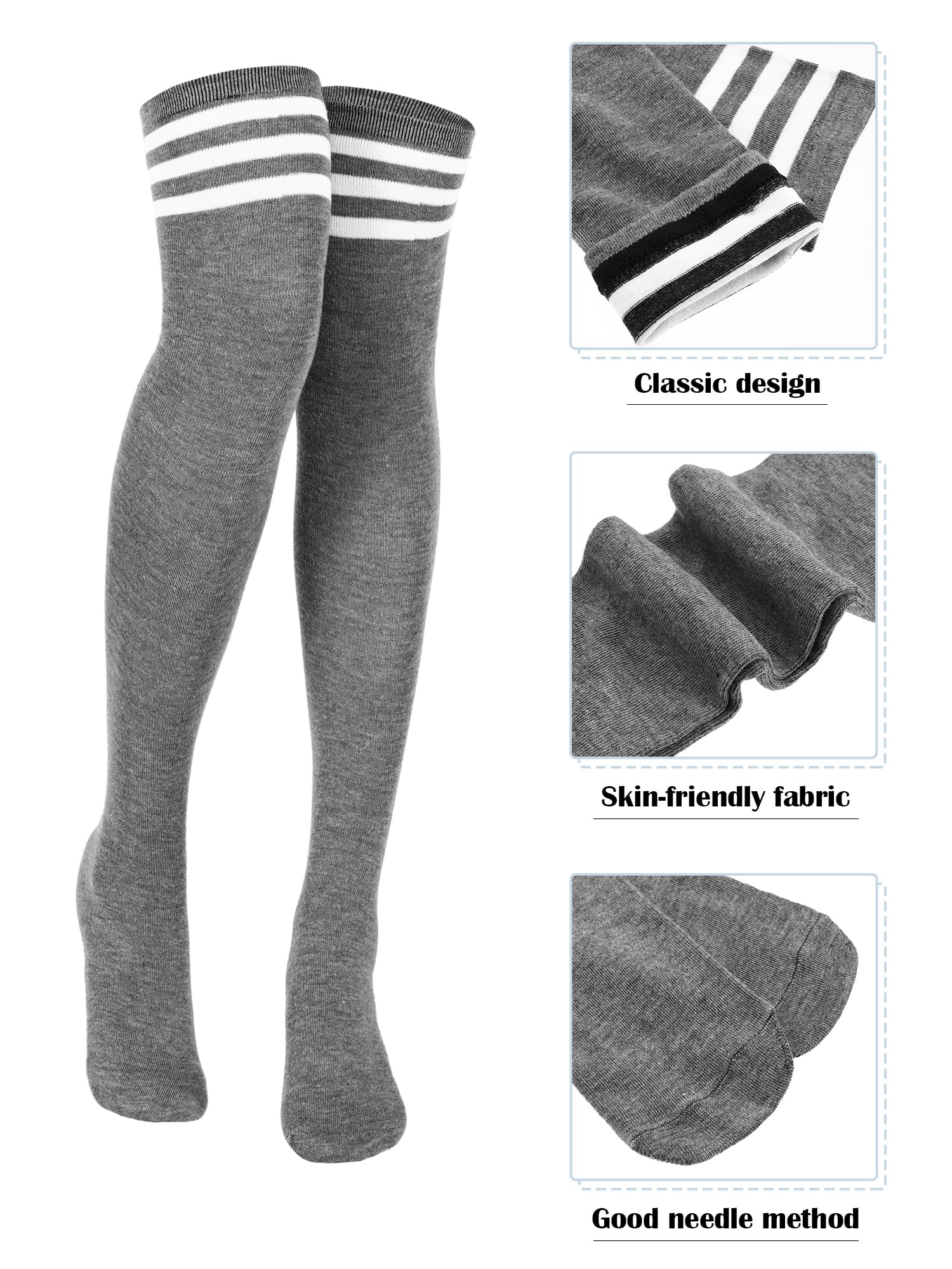 SATINIOR 3 Pairs Knee High Socks Thigh High Triple Stripe over the Knee Socks Long Opaque Thigh Stockings: One Size Black, Dark Gray, Light Gray