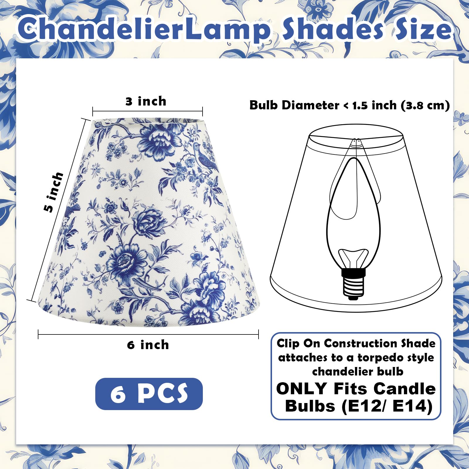 Vihose 6 paralumi per lampadari, piccoli, in stile francese, con clip, 7,6 x 15,2 x 12,7 cm, mini clip per lampadine, copertura per candelabri