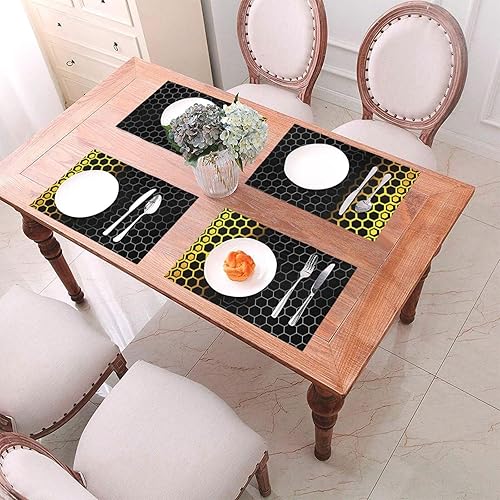 Miniatura 4 de Juego de 6 manteles individuales de PVC, diseño de rayas negras y panal de abeja, antideslizantes, 12 x 18 pulgadas, juego de manteles individuales