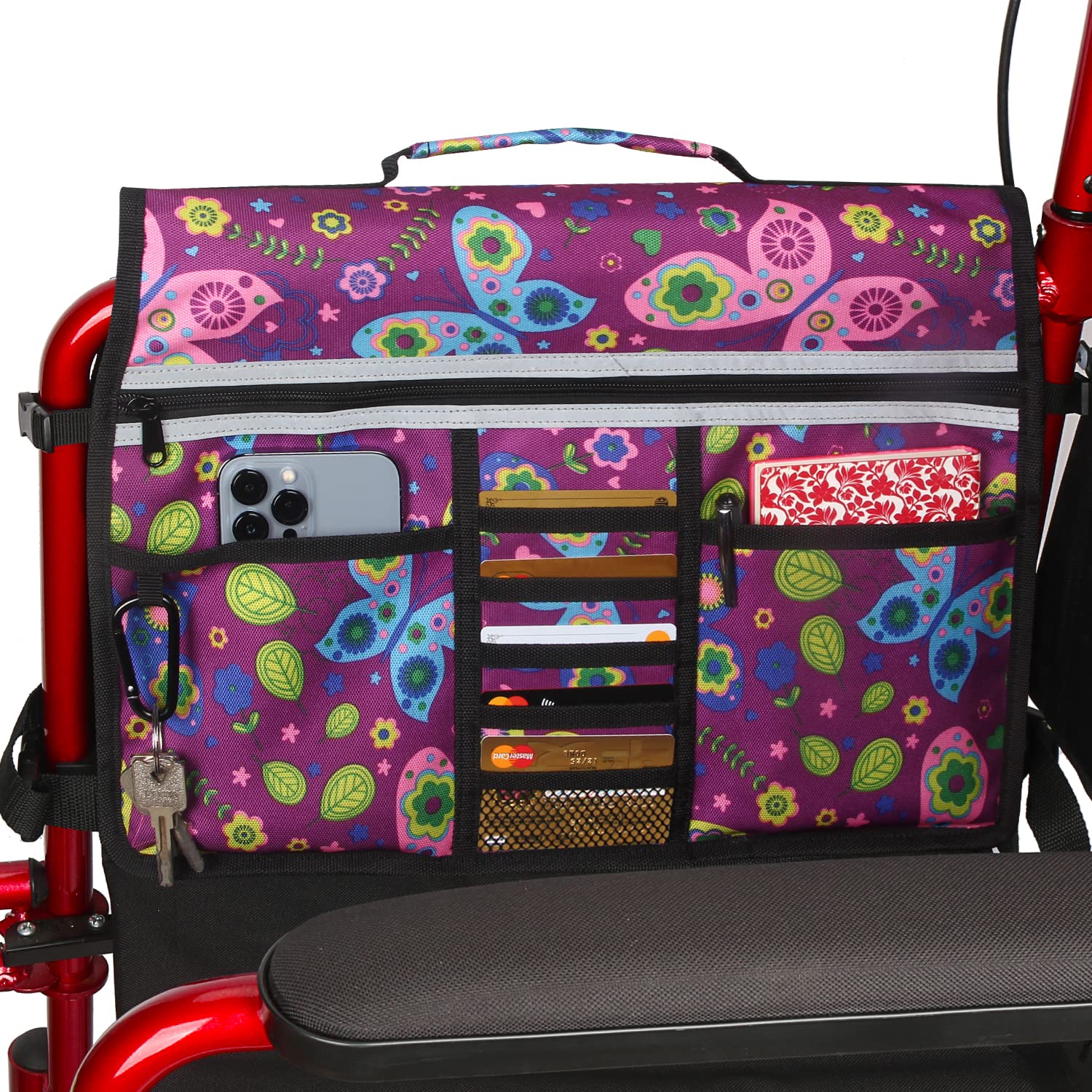 Wheelchair Storage Bag, Double-Sided Armrest Pouch with Cup Holder and Reflective Strip, for Wheelchairs and Walkers (Purple Butterfly) - Image 3