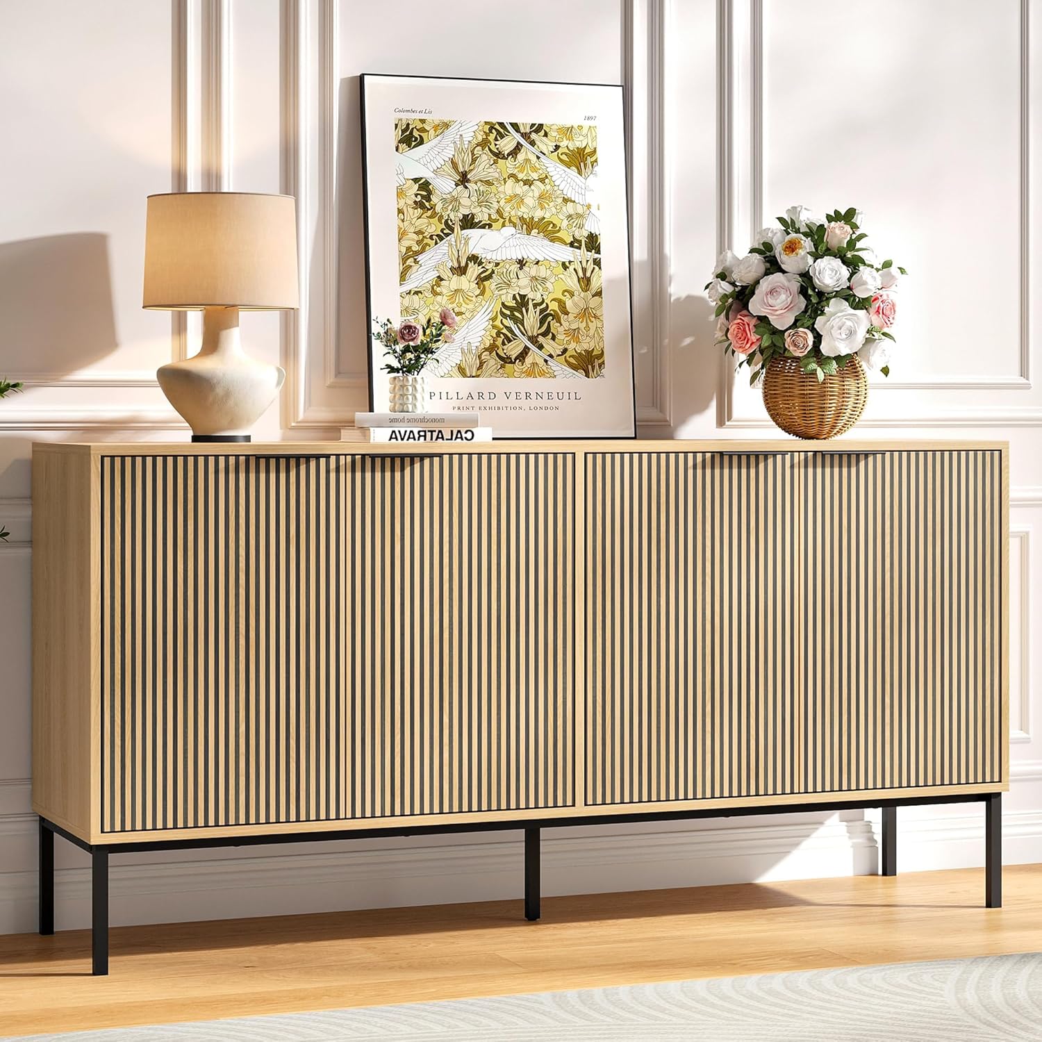 63" Sideboard Cabinet, Modern Buffet Cabinet with Doors & Adjustable Shelf, Wood Credenza Coffee Bar Storage Console Table for Kitchen, Dining Room, Living Room, Entryway, Natural