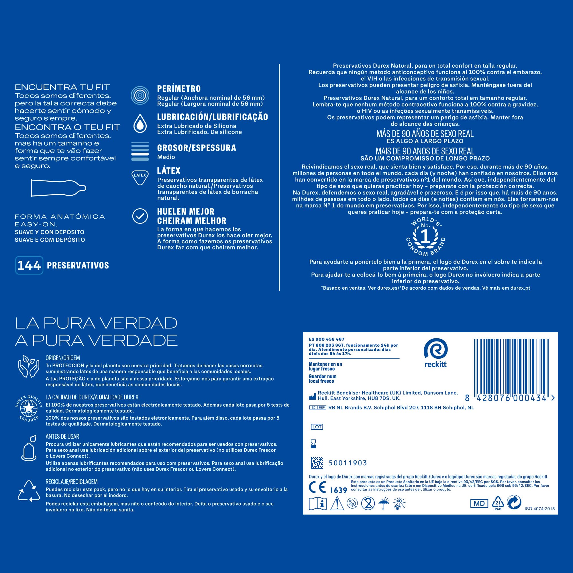 Durex Preservativos Natural, para Confort y Seguridad, 144 condones