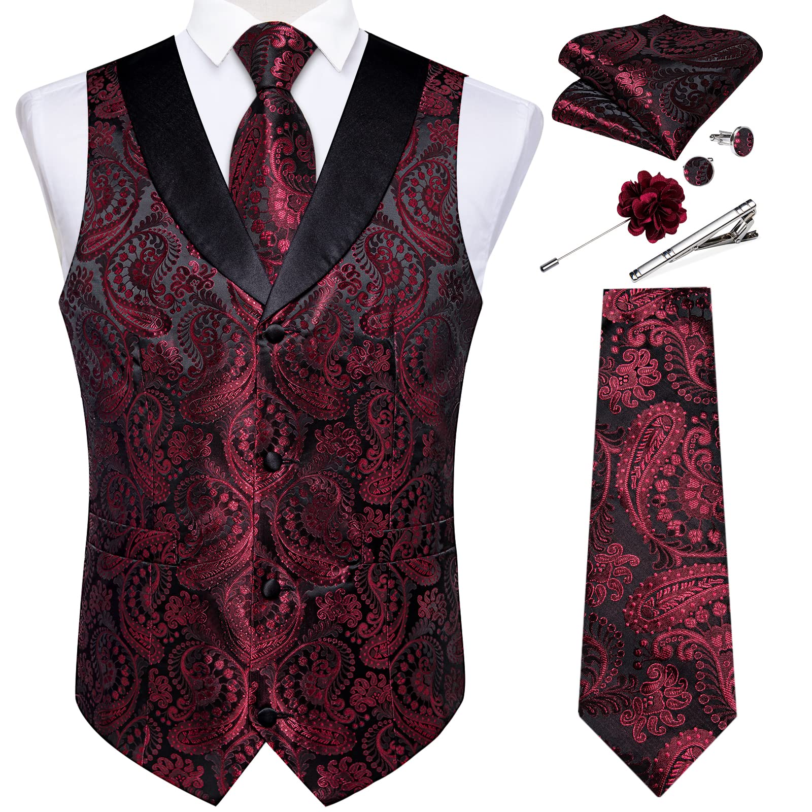 DiBanGu Mens Paisley Suit Vest Silk Jacquard Waistcoat and Necktie Set Formal Shawl Collar Dress Vest 7PCS for Wedding Party
