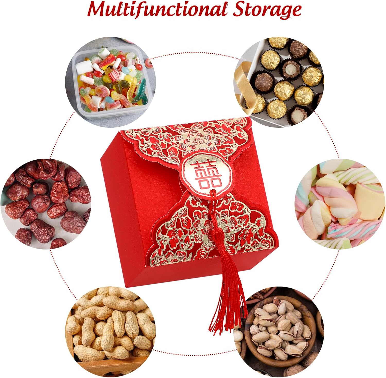 Abaodam Wedding Candy Box 20Pcs Chinese Style Xi Favor Boxes with Tassel Ribbon Portable Candy Storage Case for Wedding Baby Shower Birthday Party 3.18X3.18X1.96In - Image 5