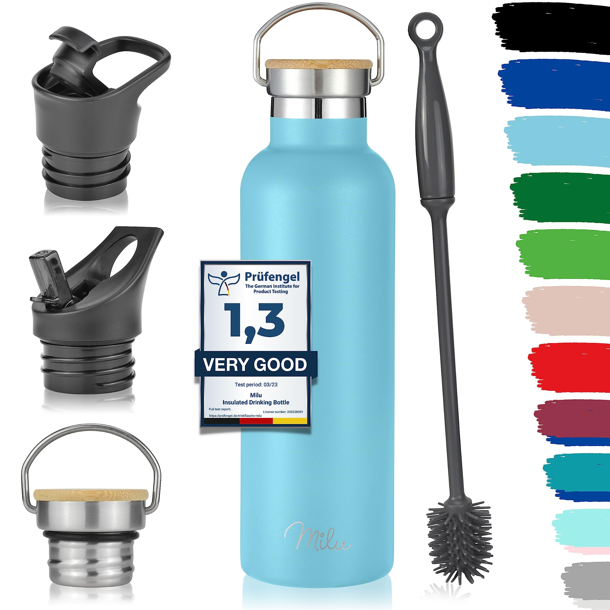Milu Stainless Steel Drinking Bottle 350ml, 500ml, 750ml, 1l (+3 Lids), Thermo Bottle with Straw, Water Bottle