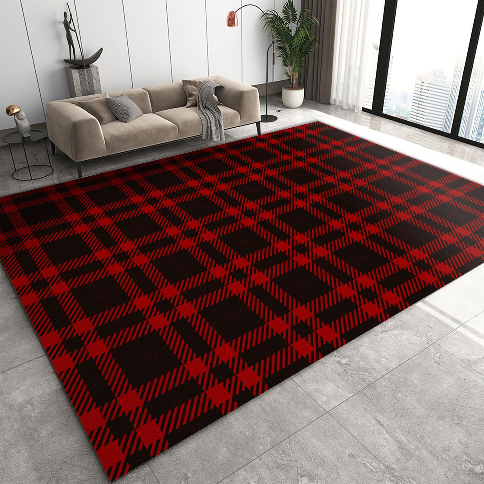 FIEMAR Area Rug 140x200cm Red Christmas Plaid Boho Rug, Christmas Mats for Home Decor, Low-Profile Doormats, Non Skid Foldable Easy Care Washable Soft Comfort Classroom Rugsfor Backyard Living Room