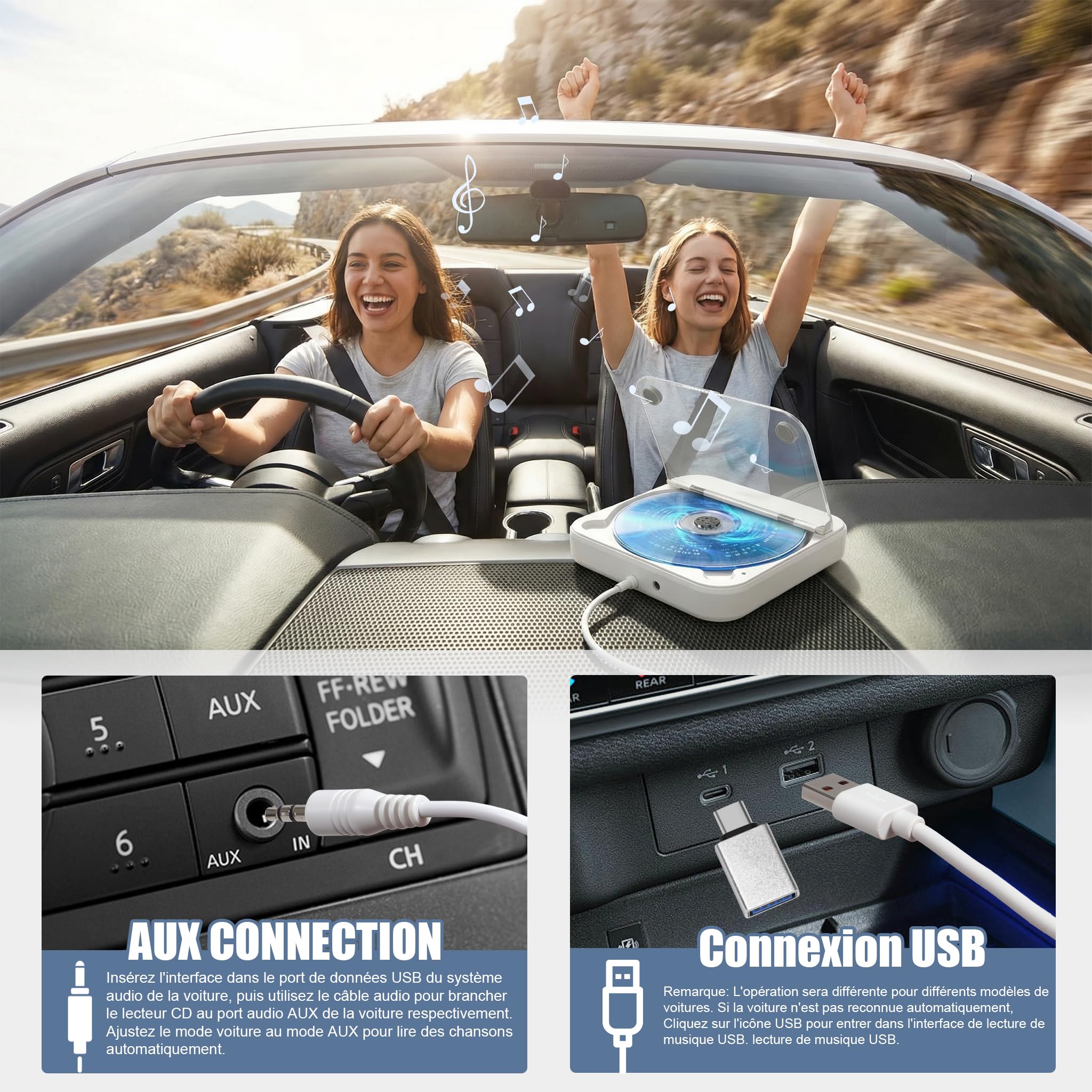 Lecteur CD pour Voiture avec Protection Antichoc en Silicone – Lecteur CD Portable Externe avec USB Rallonge CD Player Voiture pour PC TV Haut-parleurs Externes