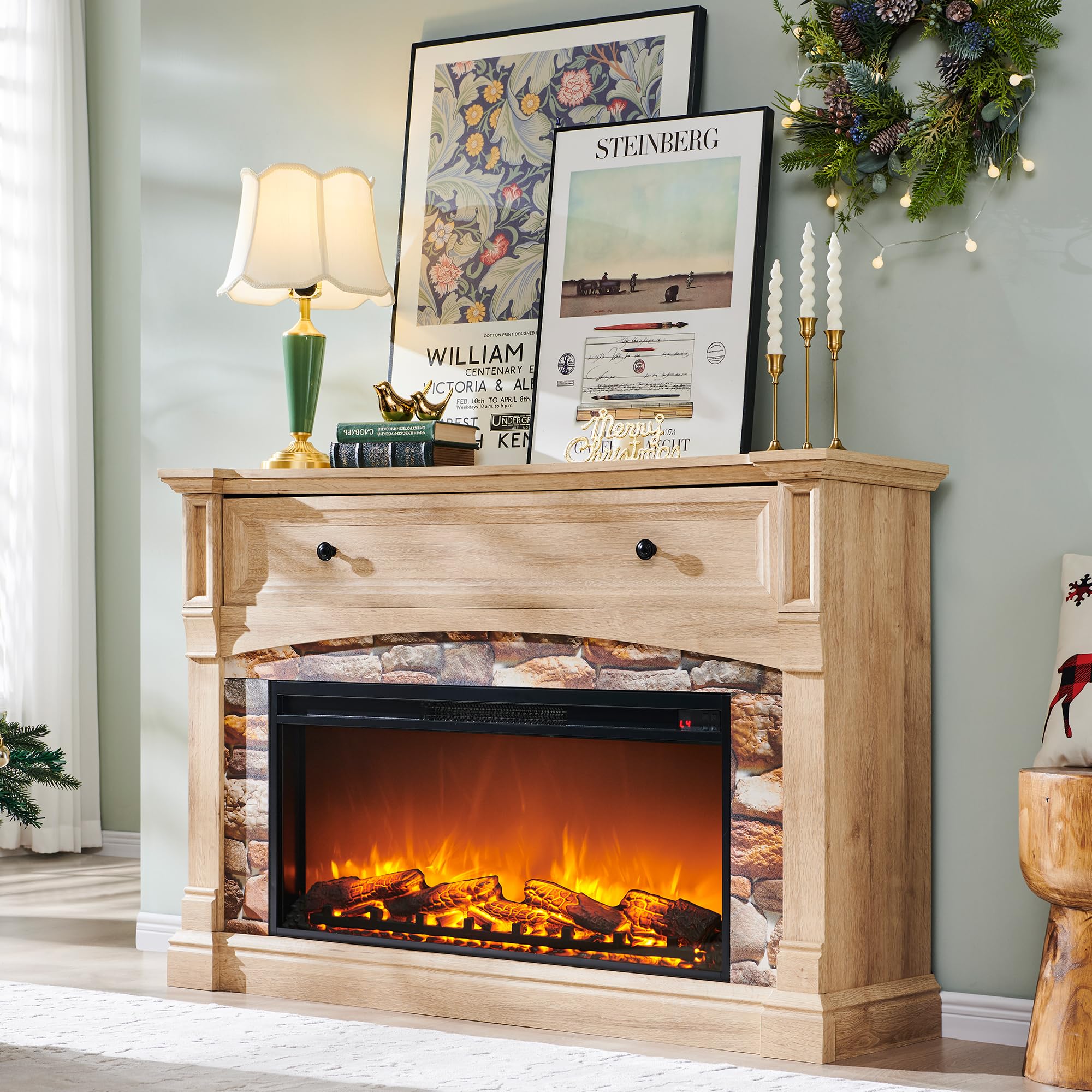 Image showcasing Rustic Log Electric Fireplaces Faux Stone Electric Fireplace, Rustic