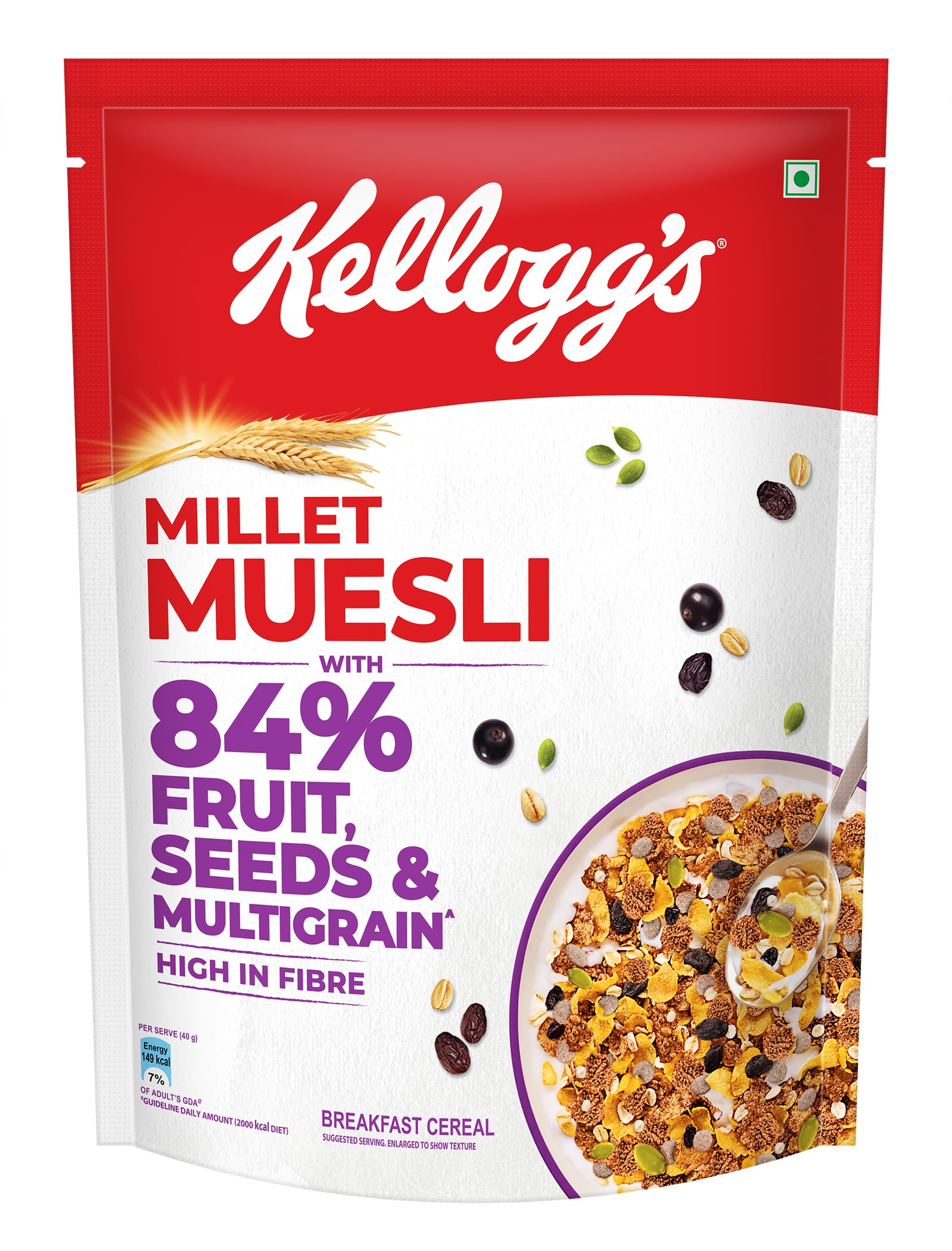 Kellogg's Millet Muesli with 84% Fruit, Seed & Multigrain 500g | High in Fibre | Multigrain Breakfast Cereal-image-4
