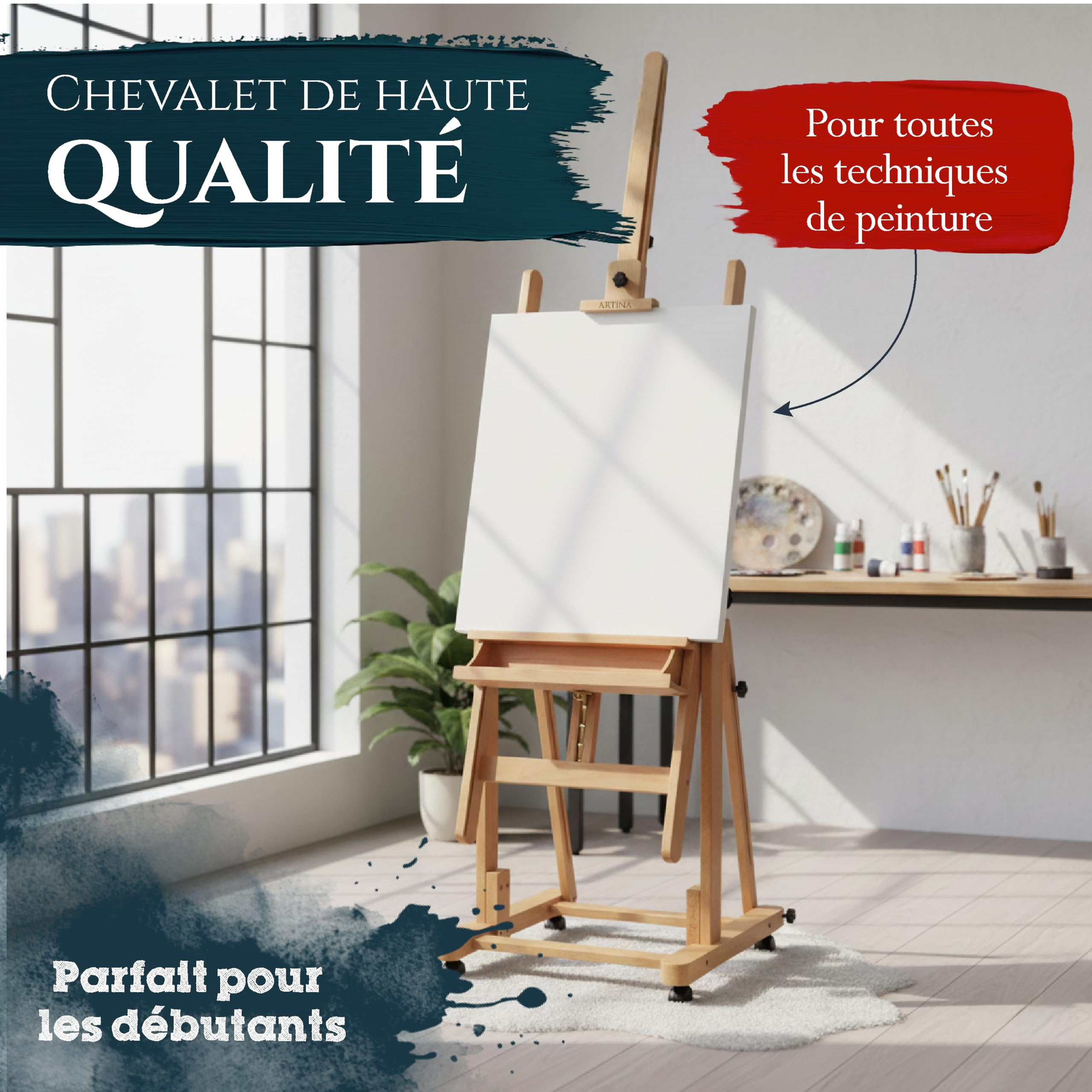 Artina chevalet professionnel atelier bois massif de hêtre pour toiles