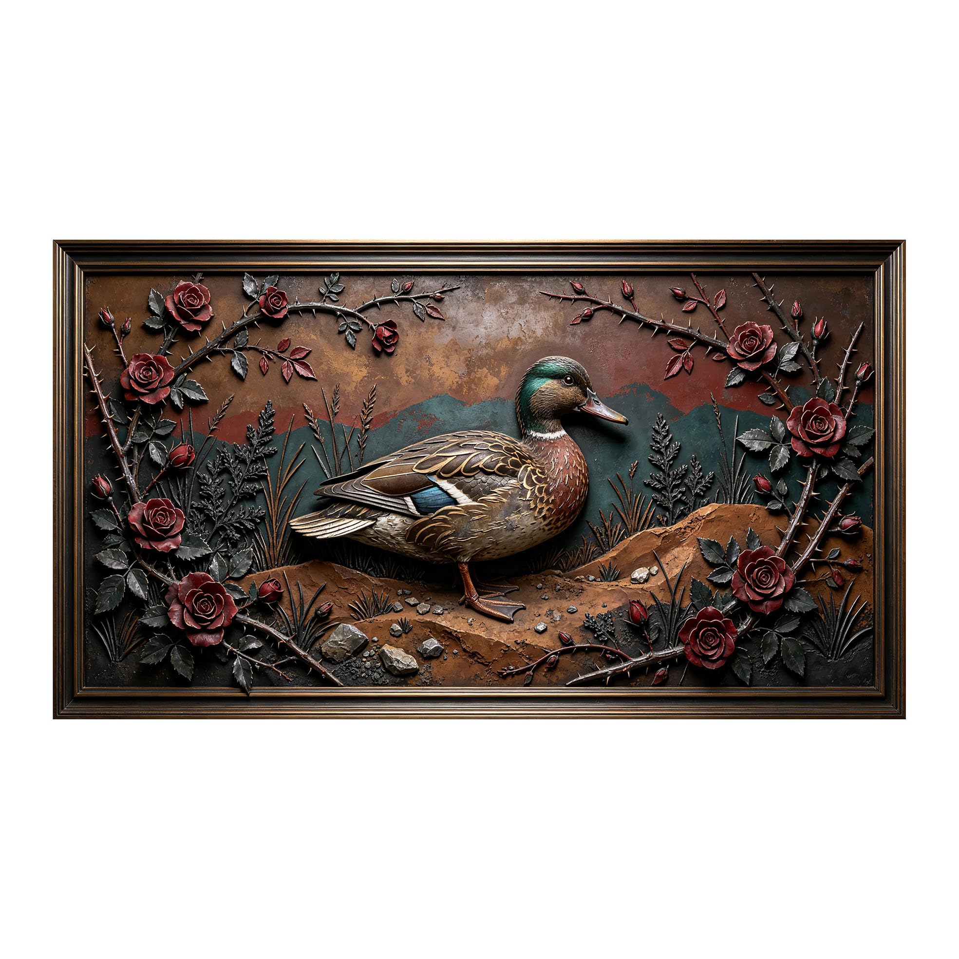 Yzpallescene 3D 3D Framed Wall Art 50cm×90cm Rustic Duck and Red Rose Botanical Relief Effect Large Size SelfAdhesive Removable Wall Decor Prints Artwork for Living Room Bedroom Office
