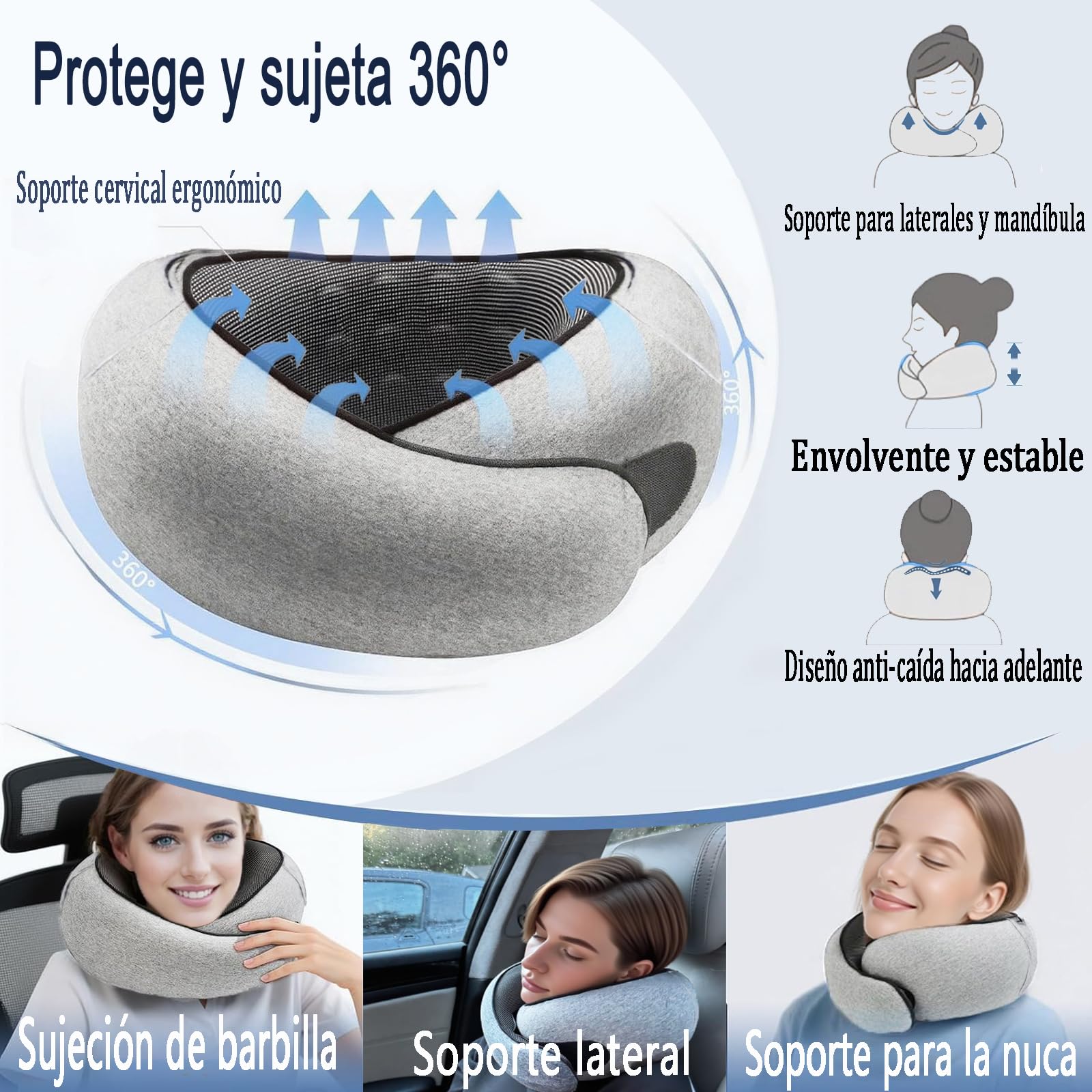 Almohada de Viaje, Almohada de Cuello para avión con Capucha, Soporte de Espuma viscoelástica de 360°, Funda Lavable para Coches, Tren y Oficina (Gris)