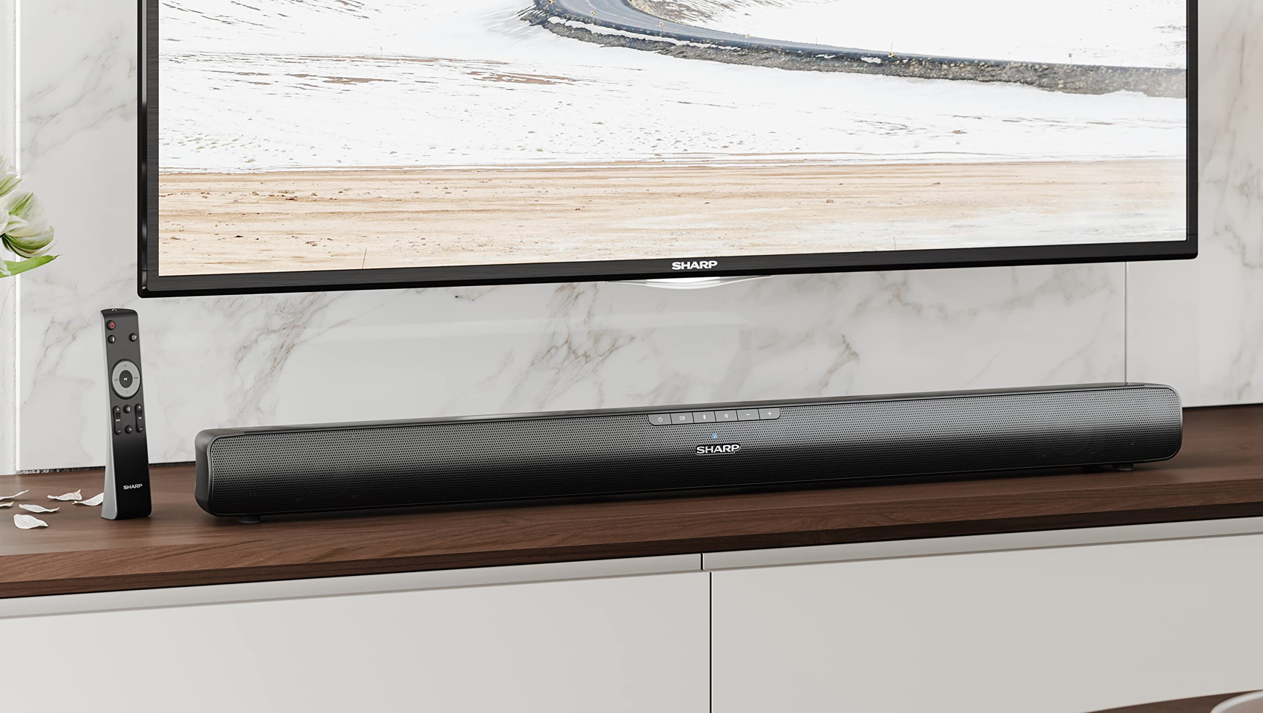 Sharp HT-SB100 Mini Soundbar con streaming audio wireless Bluetooth 5.1, Bluetooth con HDMI ARC/CEC, USB player, potenza totale 75 W, colore: Nero