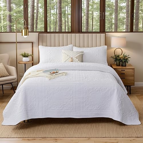 Miniatura 6 de Brandream Colcha de algodón de tamaño individual, color blanco, juego de colcha de 2 piezas para sofá cama individual
