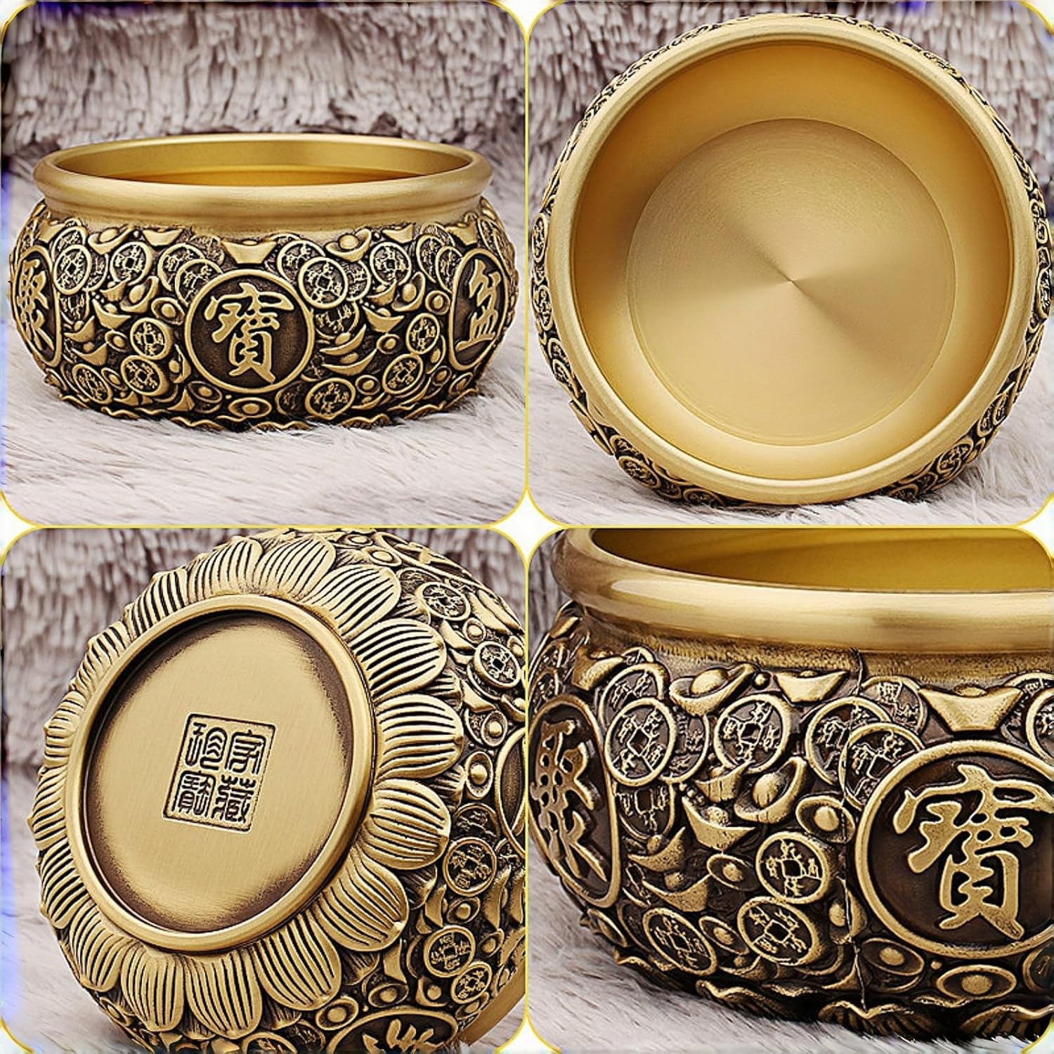 Feng Shui Money Bowl - 4.3 Inch Chinese Wealth Bowl with Ancient Coin & Lotus Base, 0.95lb. Feng Shui Wealth Bowl Chinese Money Bowl Home Office Decor 11x11x5.6cm