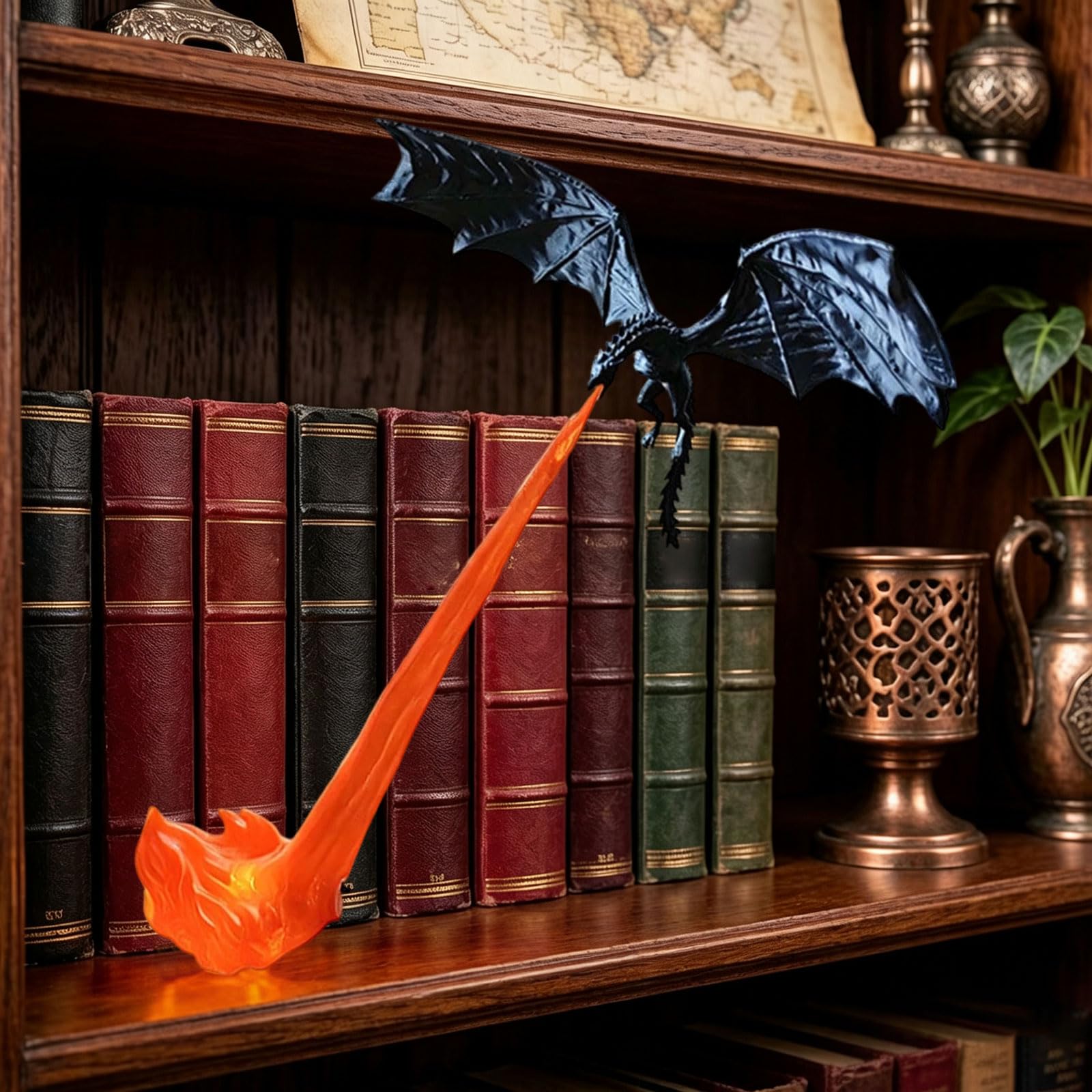 Dragon Bookshelf Nook Light, 3D Printed Fire-Breathing Fantasy Shelf Decor, Flying Dragon Design, Book Lover Gift, Halloween Shelf Display (Black Dragon with Red Flame, Large)