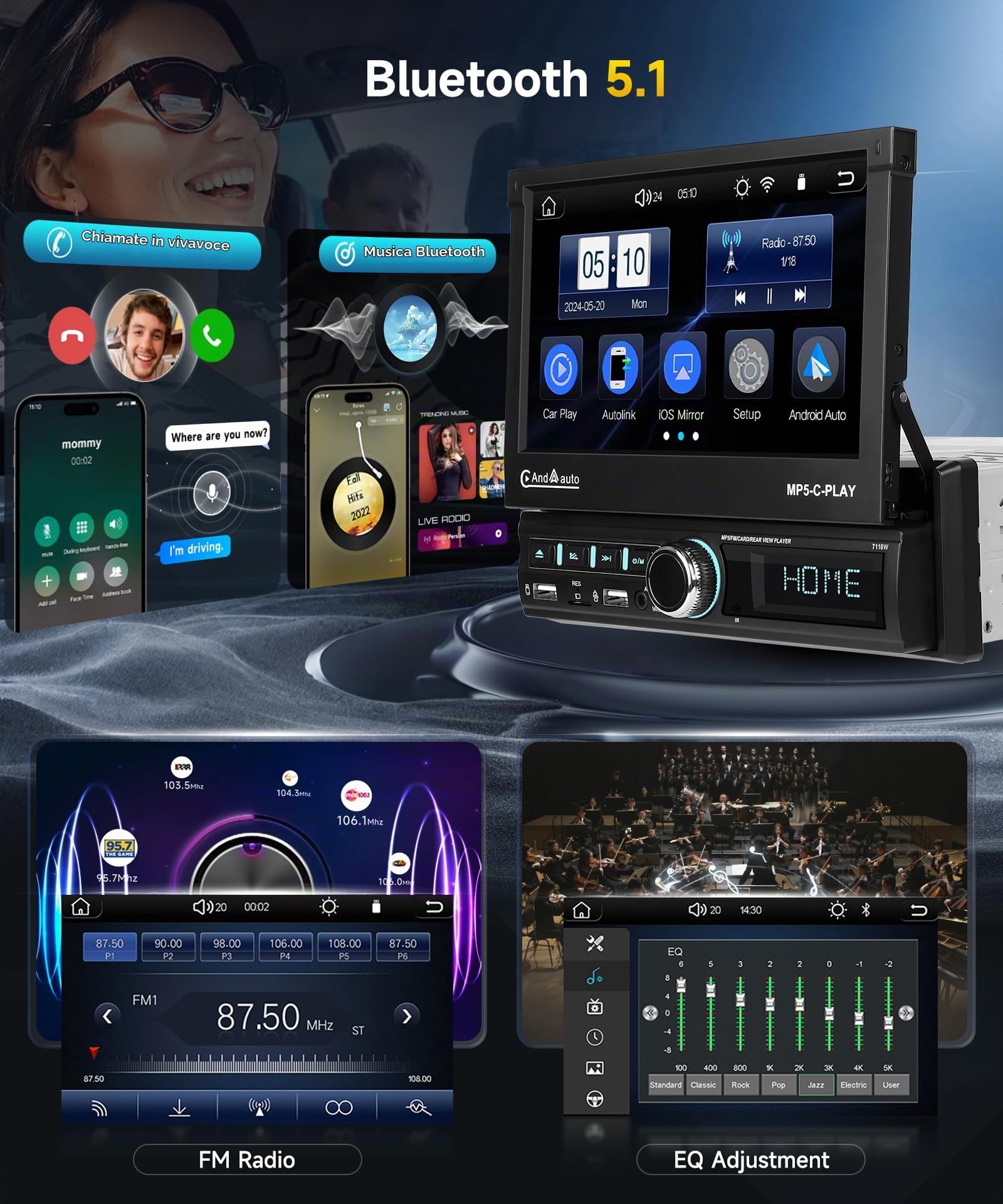 VECHTEL Autoradio 1 DIN Carplay Android Auto Wireless con schermo da 7 pollici retrattile elettricamente,radio 1 DIN FM con Bluetooth 5.1 GPS/Navi,Mirror Link 2 USB/AUX/SD con telecamera posteriore
