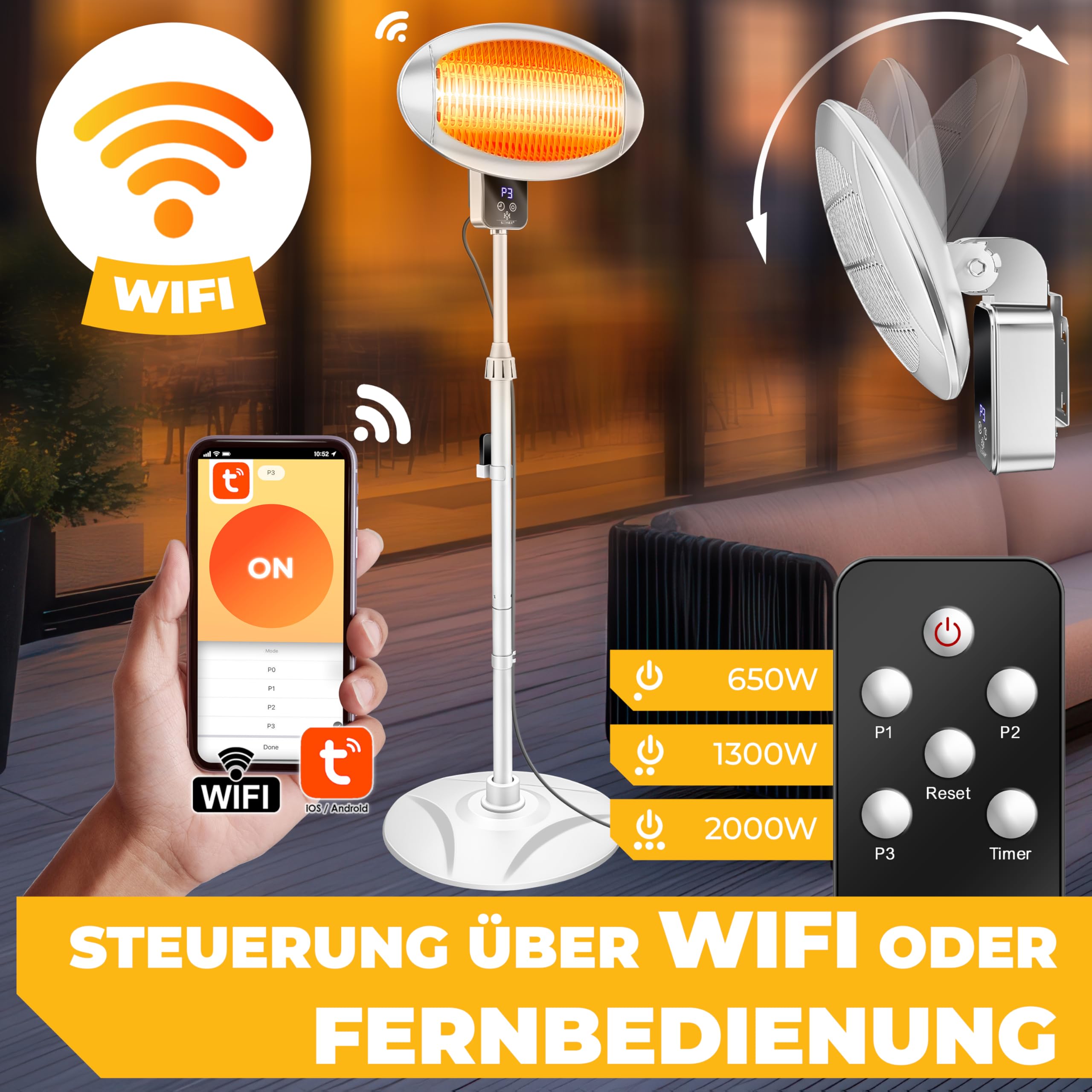 KESSER® Radiatore a Infrarossi 2000W con WIFI e Telecomando 360° Girevole, IPX4