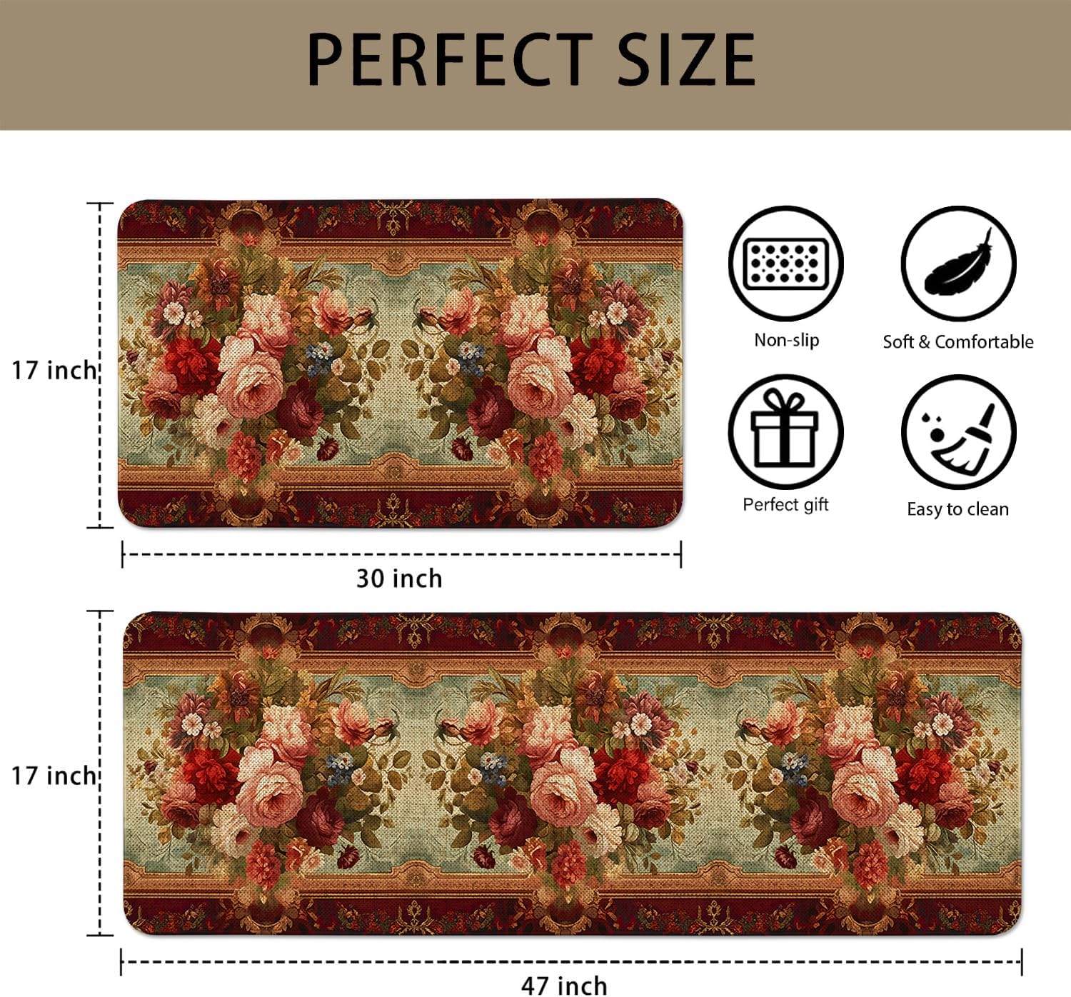 Retro Farmhouse Spring Floral Kitchen Rugs Sets of 2 Non Slip Washable, Country Vintage Flower Summer Spring Floral Kitchen Mats for Floor 2 Piece Home Decor