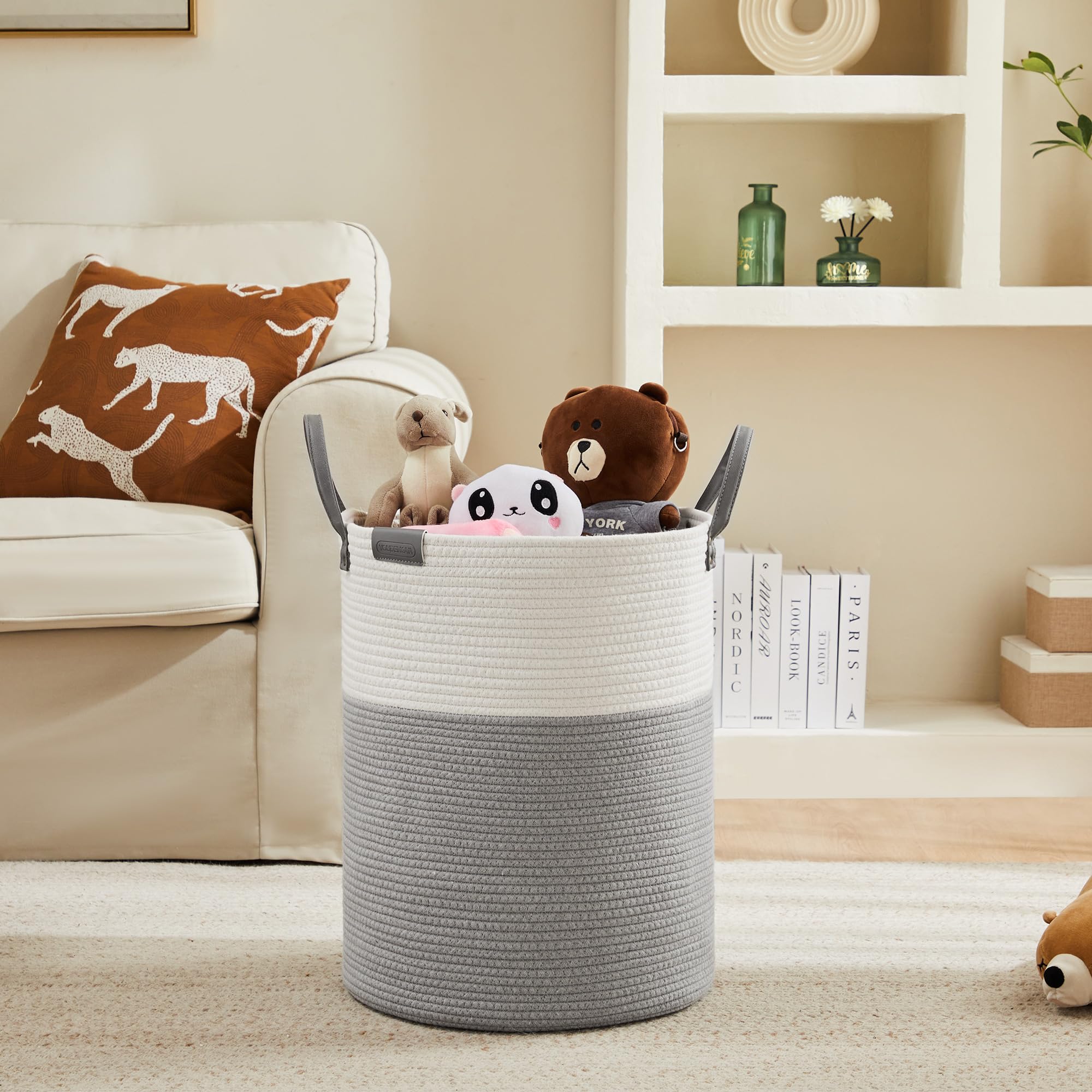 YOUDENOVA Tall Laundry Basket, 72L Large Dirty Clothes Hamper with Leather Handle, Woven Rope Storage Basket for Blanket, Toy In Living Room, Bathroom, Bedroom - Grey