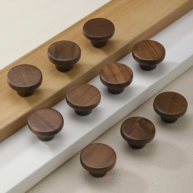 10 Pack 1.53 Inch (39 mm) Round Walnut Wood Single Hole Drawer Handles, ...