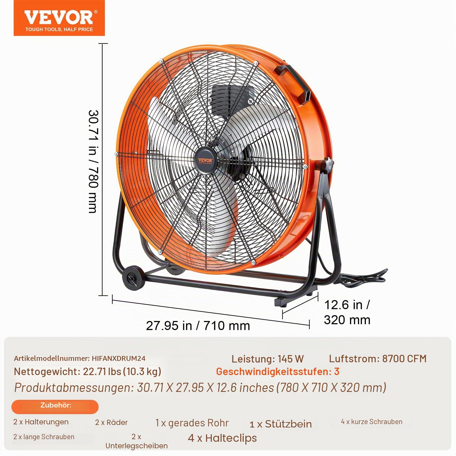 VEVOR Trommelventilator, Bodenventilator, Industrieventilator, 3 Gang, 8600 CFM, 360° verstellbare Neigung, 0-2-Stunden-Timer, Standventilator, Windmaschine für Lager, Werkstatt, Fabrik, Keller