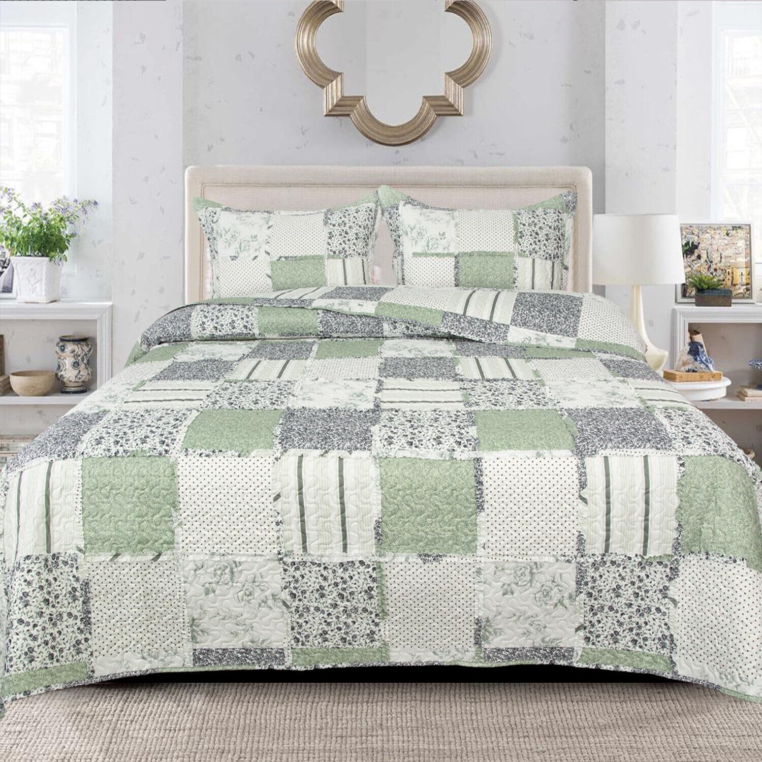 B&B Double Bedding 3 Piece Printed Patchwork Bedspread Quilted Bed Throw Comforter with Pillow Shams Decorative Warm Quilt Blanket OLIVE (Des 1)