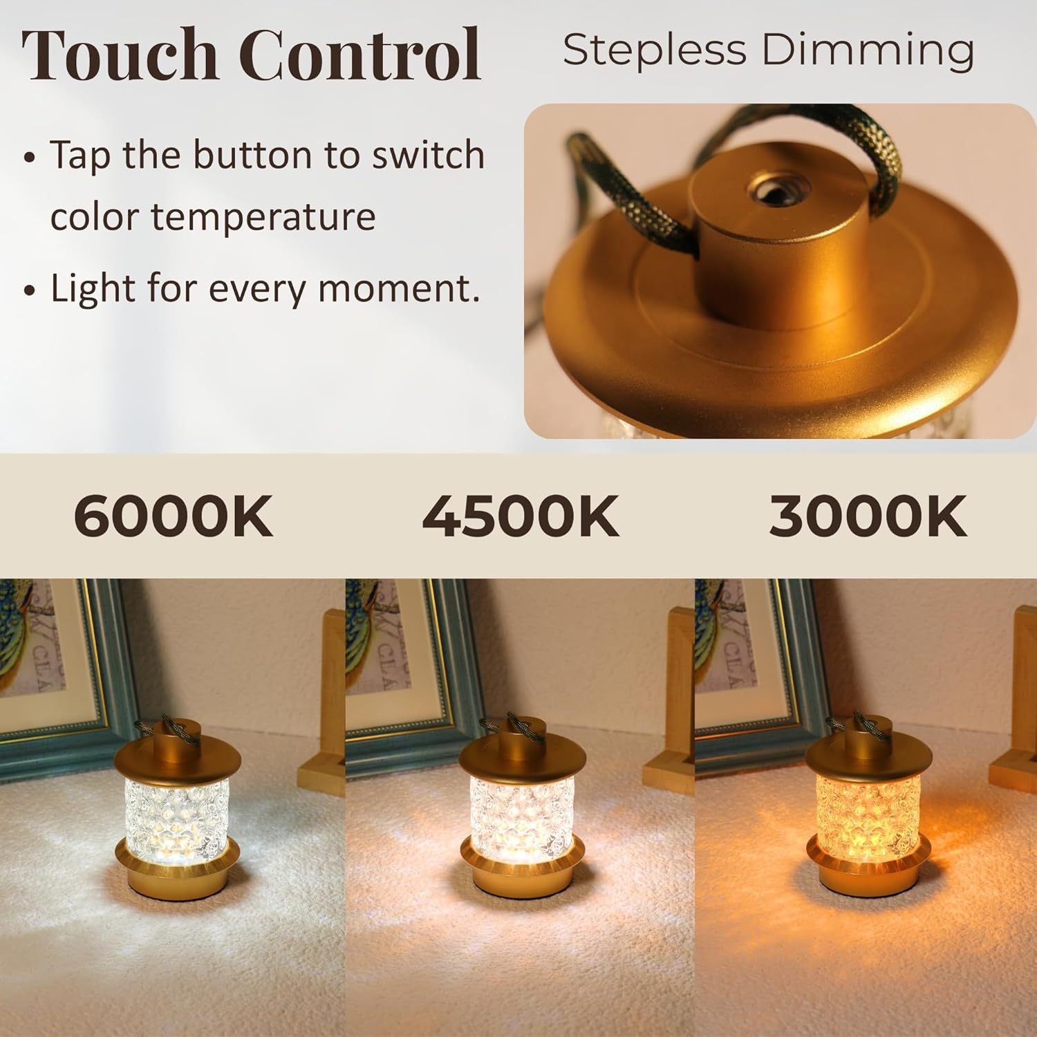 HAPYGI Portable Lantern Table Lamp - Dimmable Cordless Night Light with 3 Color Temperatures, Rechargeable Metal & Glass Outdoor Indoor Lamp for Patio Bedroom Bathroom Decor (Gold)