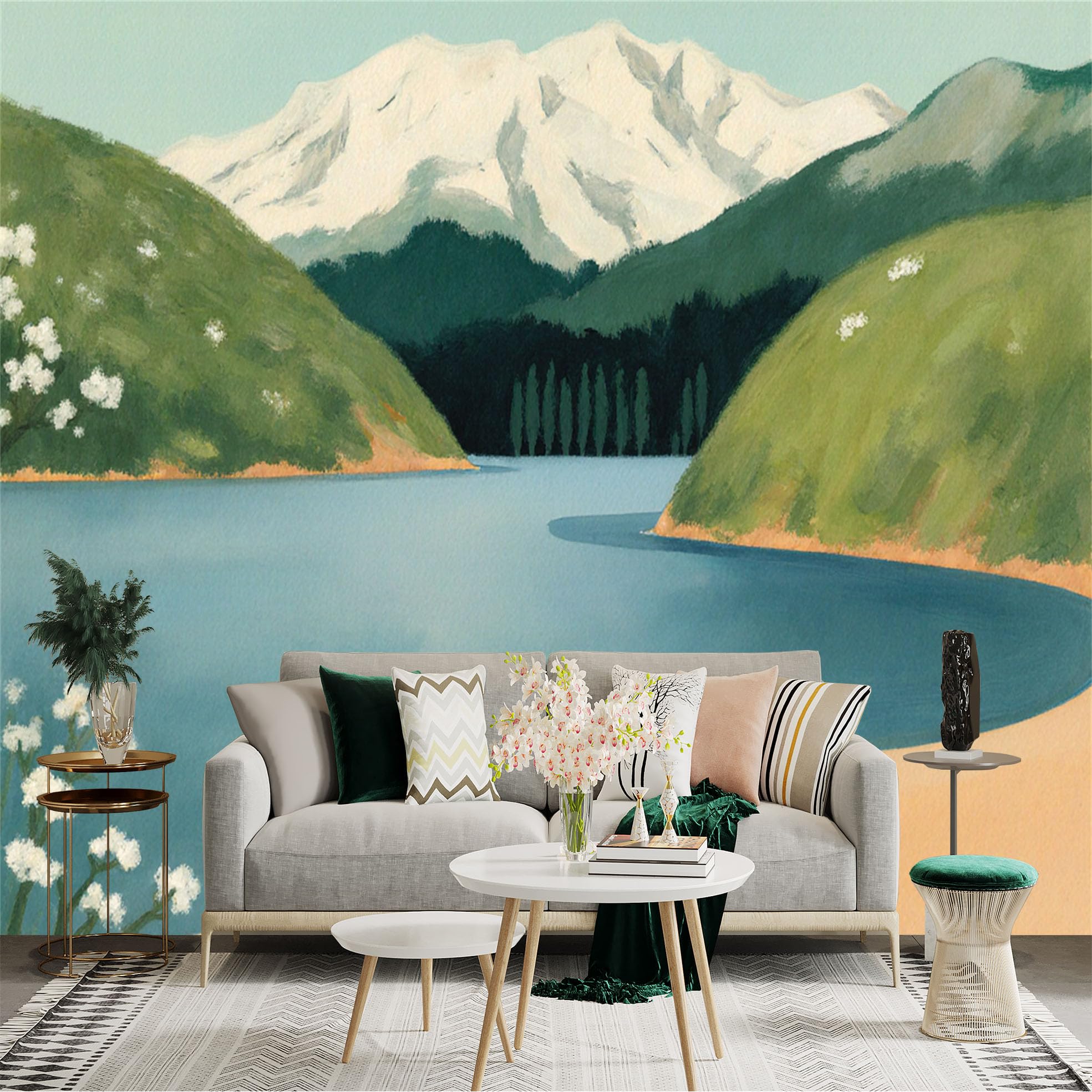 Custom Size Wall Sticker Mural， Serene Alpine Lake Landscape， Snow Capped Mountain Peaks， Botanical Flower Accent， for wall Decoration， peelandstick wall Decals.