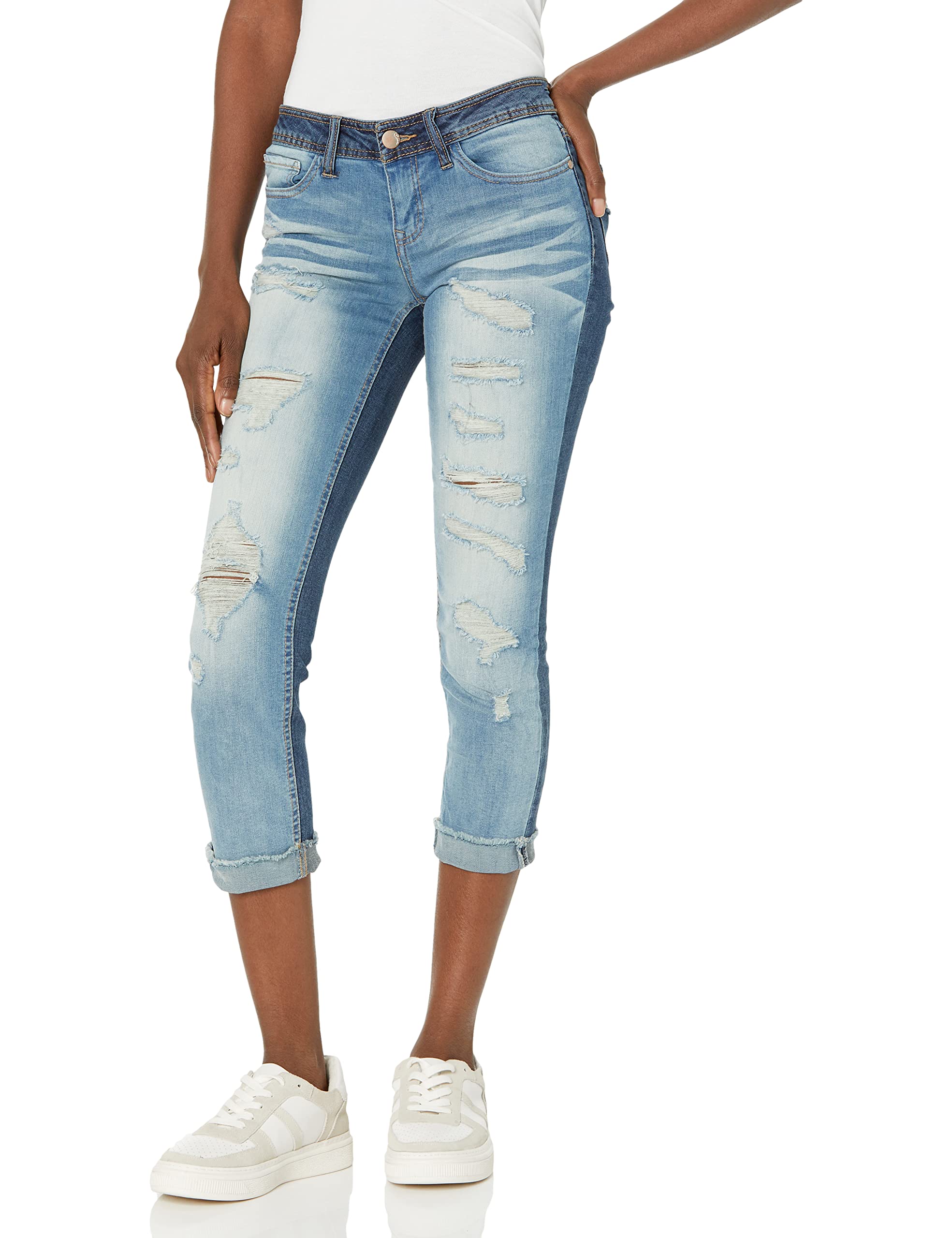 dollhouse Women's Size Plus Denim Cuffed Jeans with Heavy Destruction