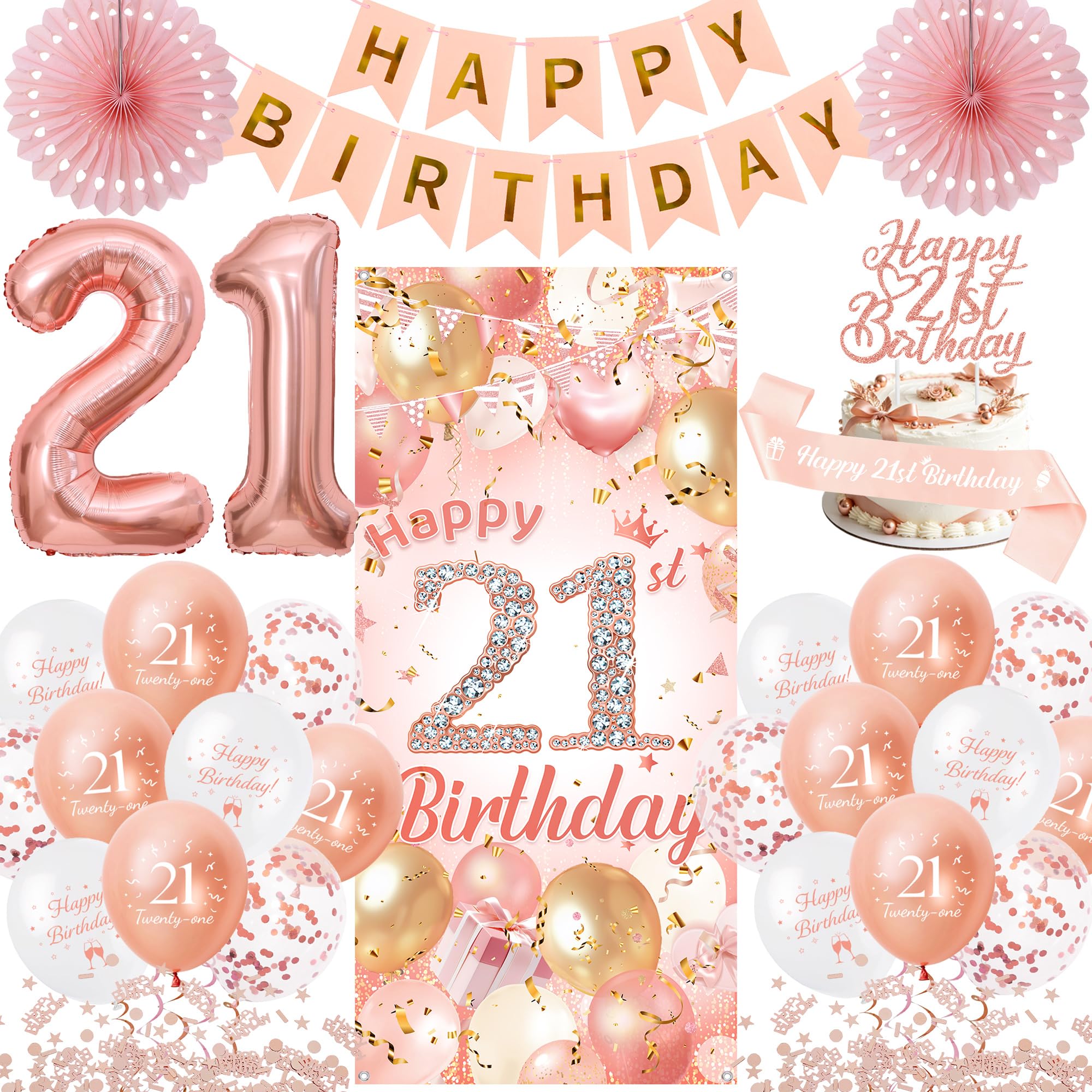 Flerramao 21st Birthday Decorations for Her, Happy 21st Banner Set