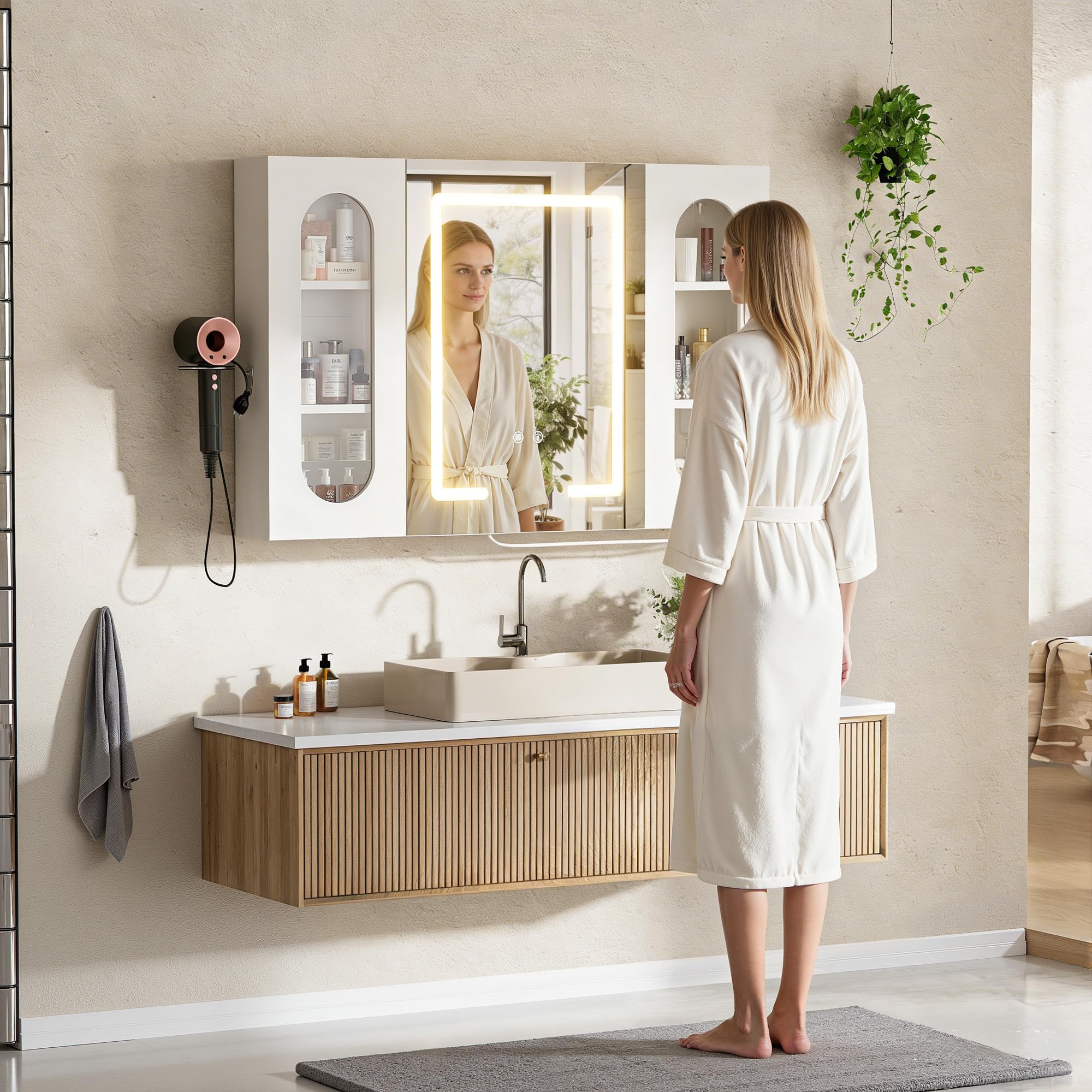 Armario Baño con Espejo LED iluminación y Función de desempañadora Armario Baño Espejo de Pared con Enchufe, 3 Compartimentos Grandes y Soporte para secador de Pelo, 100x65x16 cm