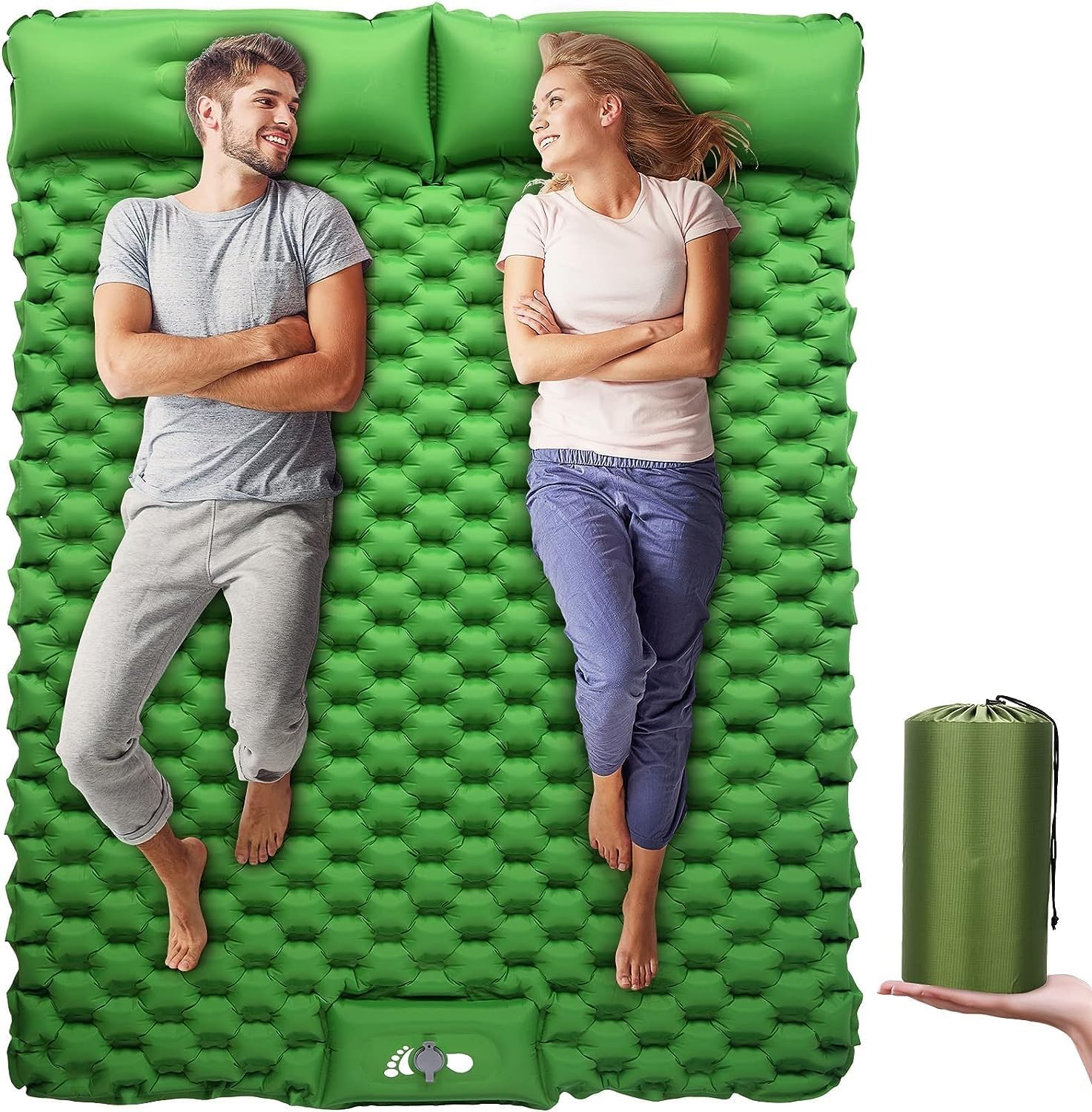 HOOKOR Double Camping Sleeping Pad, Self Inflating Camping Mat with Pillow Built-in Foot Pump, Waterproof Inflatable Sleeping Mat,Lightweight Air Mattress for Car, Backpacking, Hiking (Bright Green)