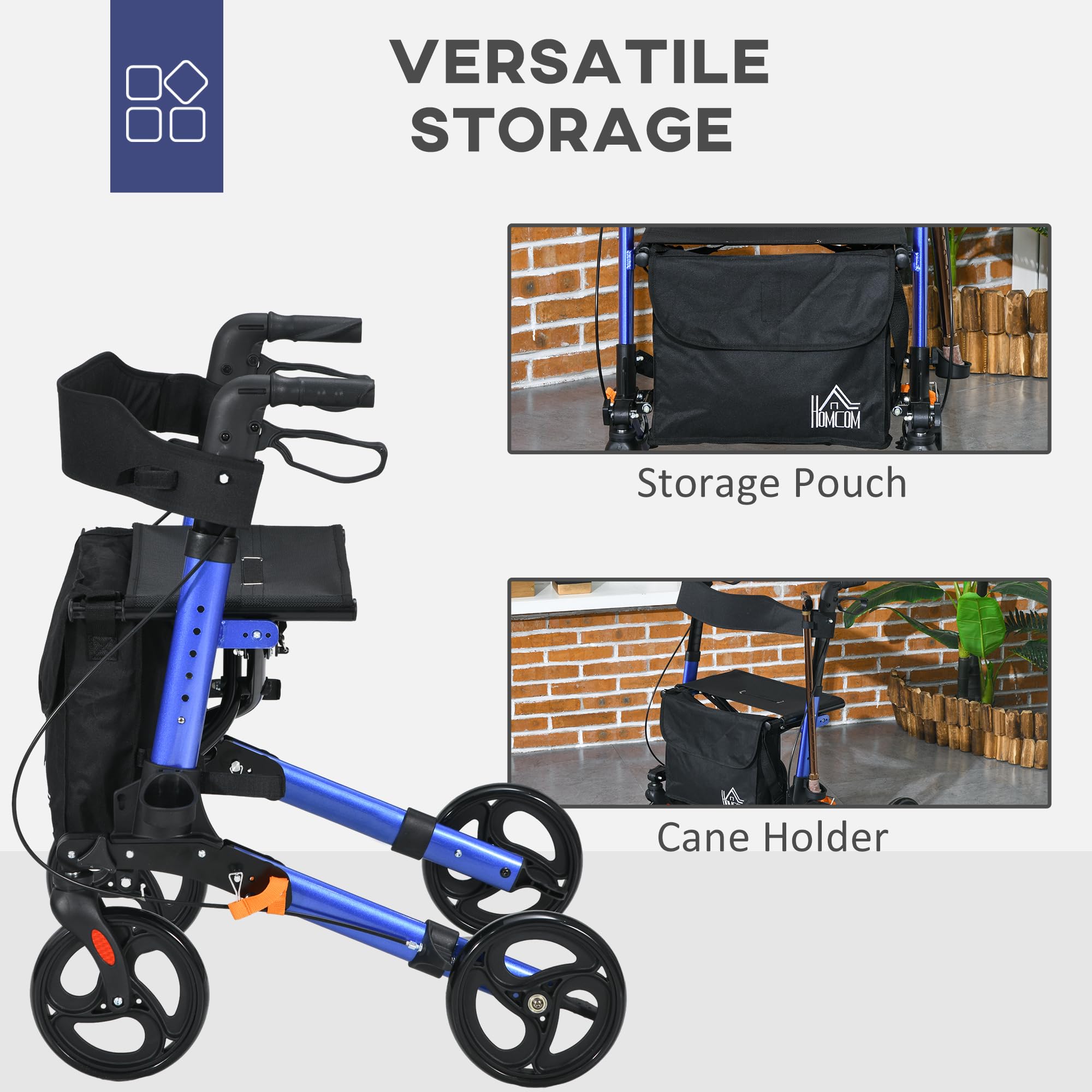HOMCOM Andador de 4 ruedas con asiento y respaldo, andador plegable de movilidad con bolsa de transporte, altura ajustable, frenos duales, soporte para bastón, marco de aluminio ligero para personas