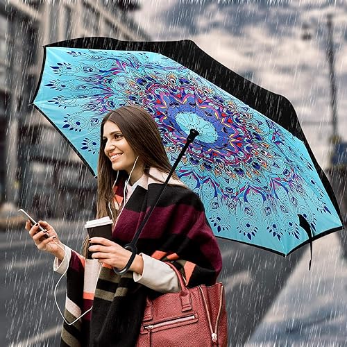 Miniatura 3 de Paraguas reversible y plegable de doble capa a prueba de viento, con soporte propio de diseño invertido, protección contra la lluvia, con mango en