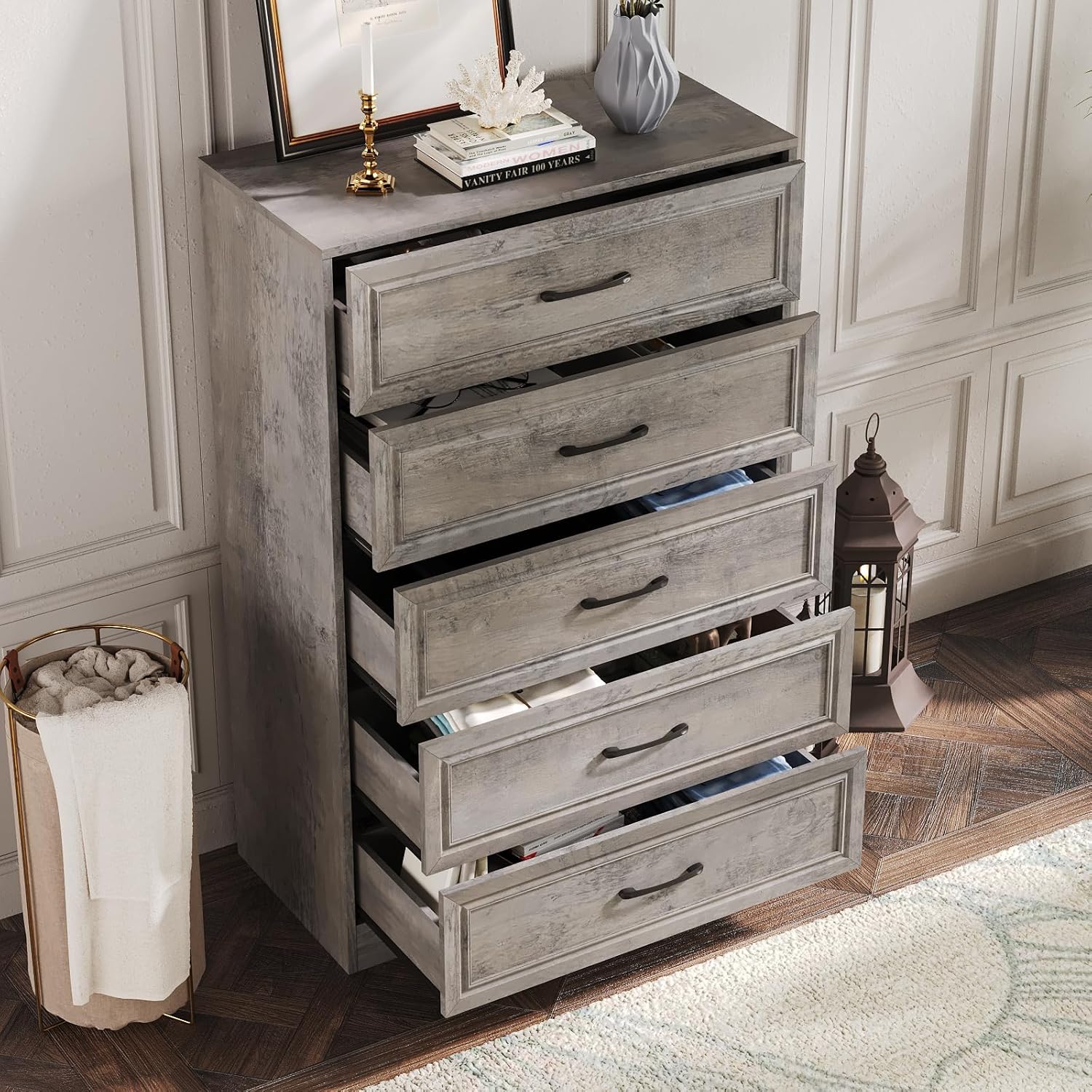Fameill Dresser for Bedroom, 5 Drawer Tall Dresser Organizer, TV Stand for Livingroom, Chest of Drawers with Metal Handles, Ash Grey