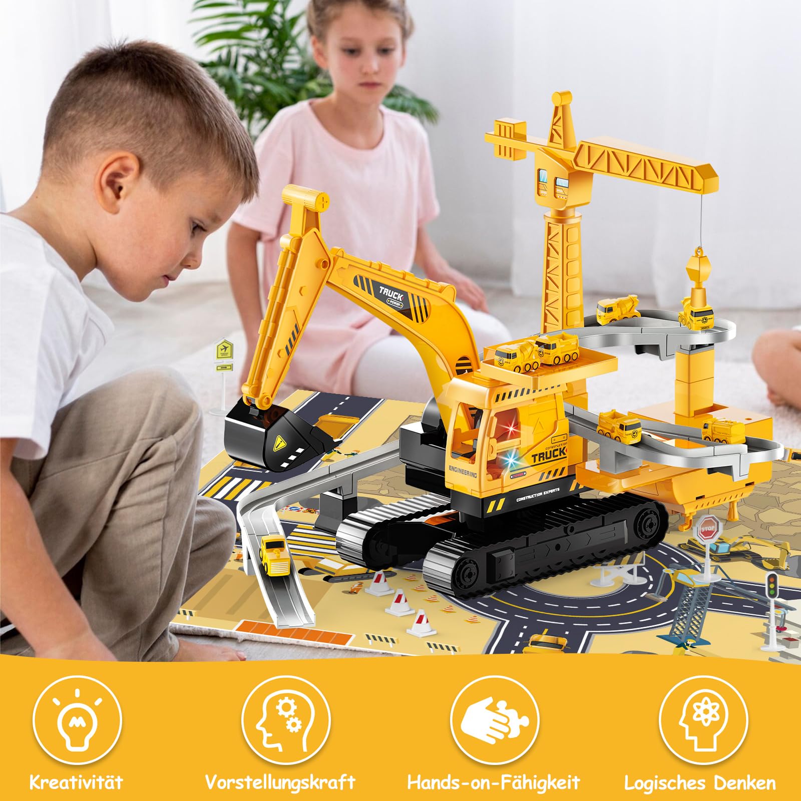 Aragallant Bagger Kran Spielzeug, LKW Spielzeug Set mit Musik, Lichter, 8 Fahrzeuge und Autorennbahn, Baustellenfahrzeuge Kinder, Lernspielzeug für Junge Mädchen, Geschenk für Kinder