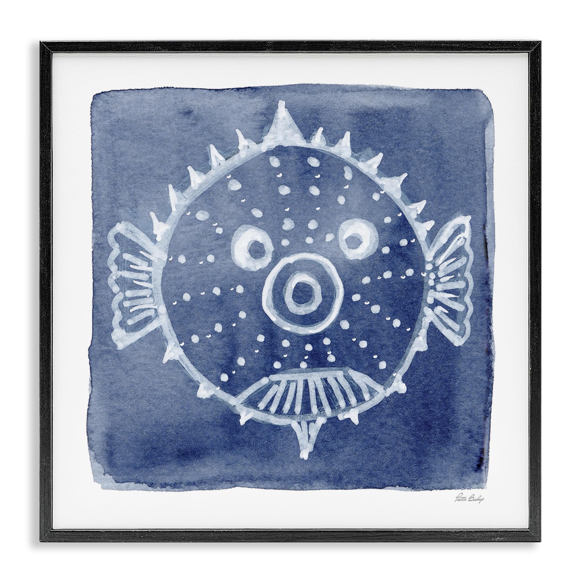 Stupell Industries Midnight Black (Textured) Whimsical White Blow Fish Nautical, 17 X 17 Inch Framed Giclée Print