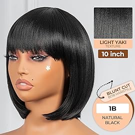 ToyoTress Black Bob Wigs With Bangs - 10 Inch Yaki Straight Hair Daily Costume Wig For Black Women, Soft Short Synthetic Hair Replacement Wigs Heat Resistant (10 Inch, 1B-613H)