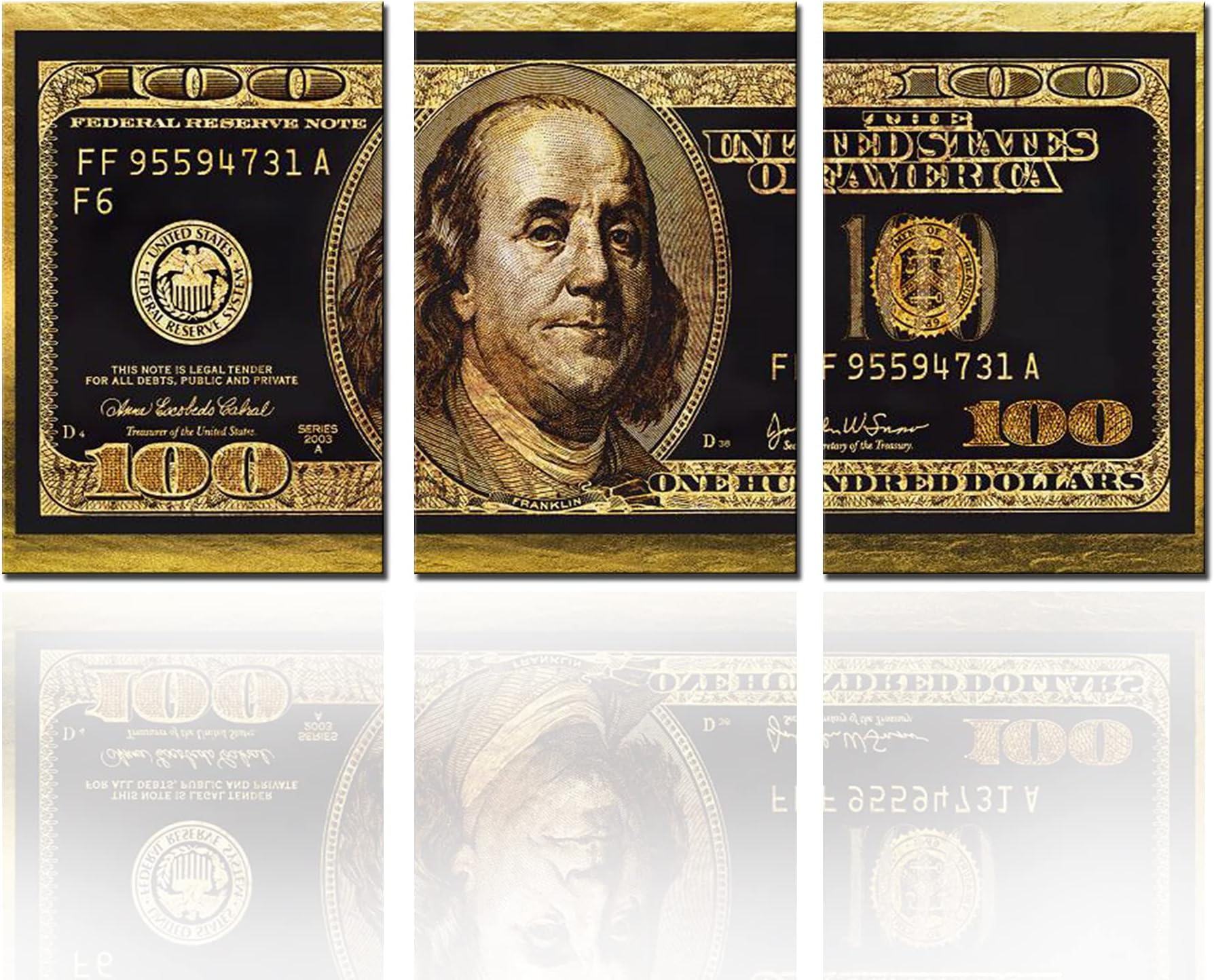 3 Panels Canvas Wall Decor Dollars Cash Artwork Money Wall Art Inspirational Gold Poster for Home Decorative Hundred Dollar Bill Room Decor Black Glod Poster for Office Decor Ready to Hang 48''x24''