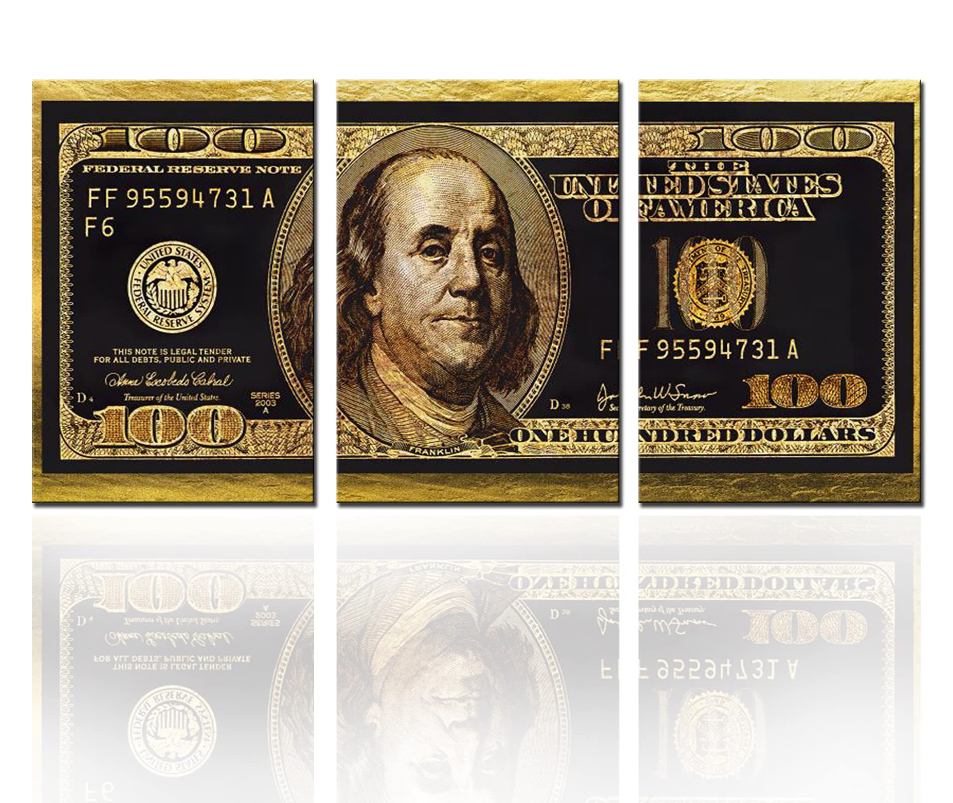3 Panels Canvas Wall Decor Dollars Cash Artwork Money Wall Art Inspirational Gold Poster for Home Decorative Hundred Dollar Bill Room Decor Black Glod Poster for Office Decor Ready to Hang 48''x24''