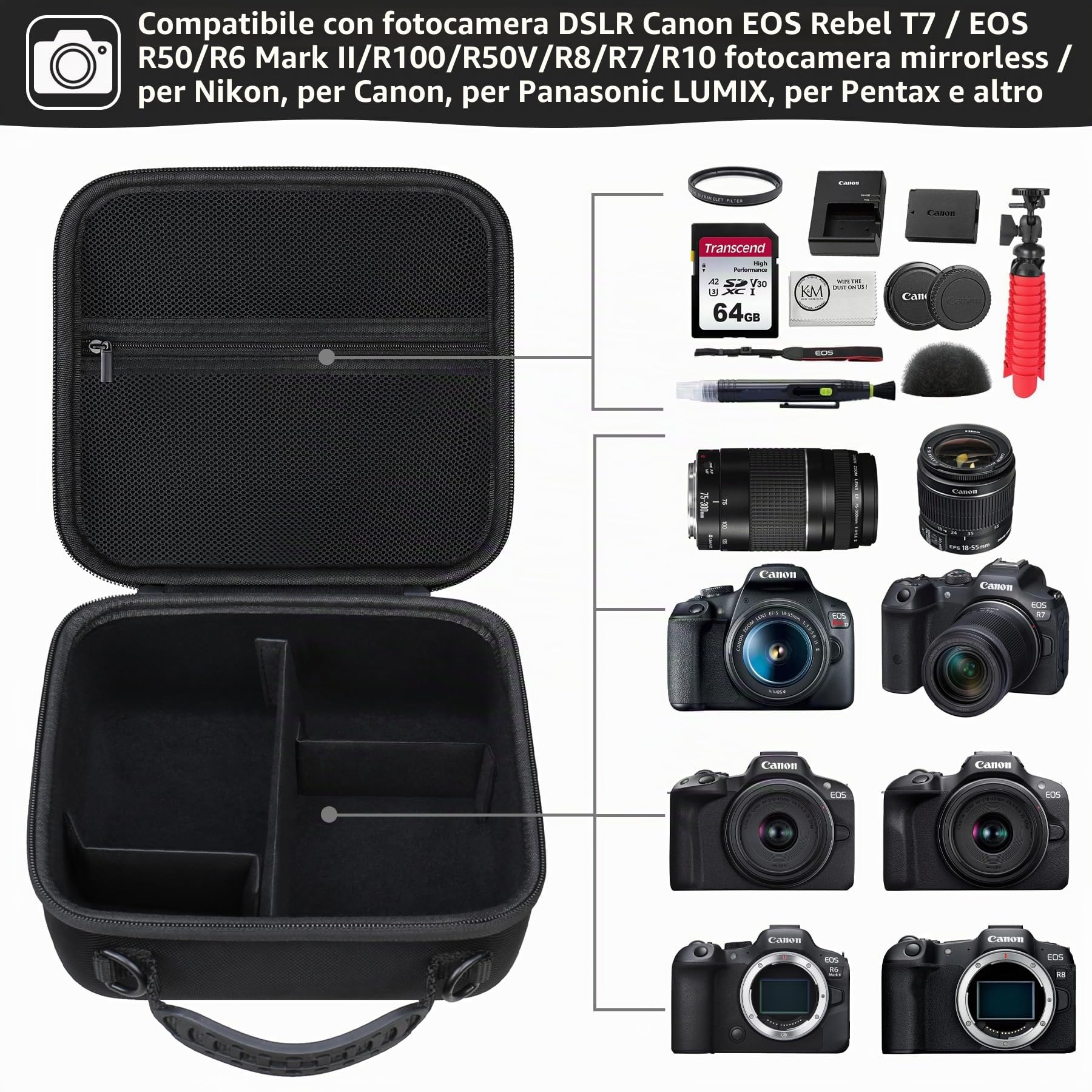 Caso di viaggio duro per Canon EOS Rebel T7 Fotocamera DSLR/EOS R50 / R6 Mark II / R100 / R50V / R8 / R7 / R10 Fotocamera senza specchio, obiettivo, treppiede con 3 divisori e spalla, Nero