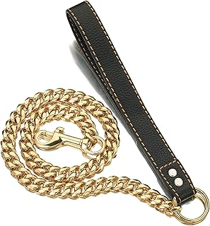 Gold Dog Leash, 19mm Chew Proof Metal Heavy Duty Dog Chain Leash with Leather Handle, Dog Lead Training Steel Leash for Large Medium Small Dogs