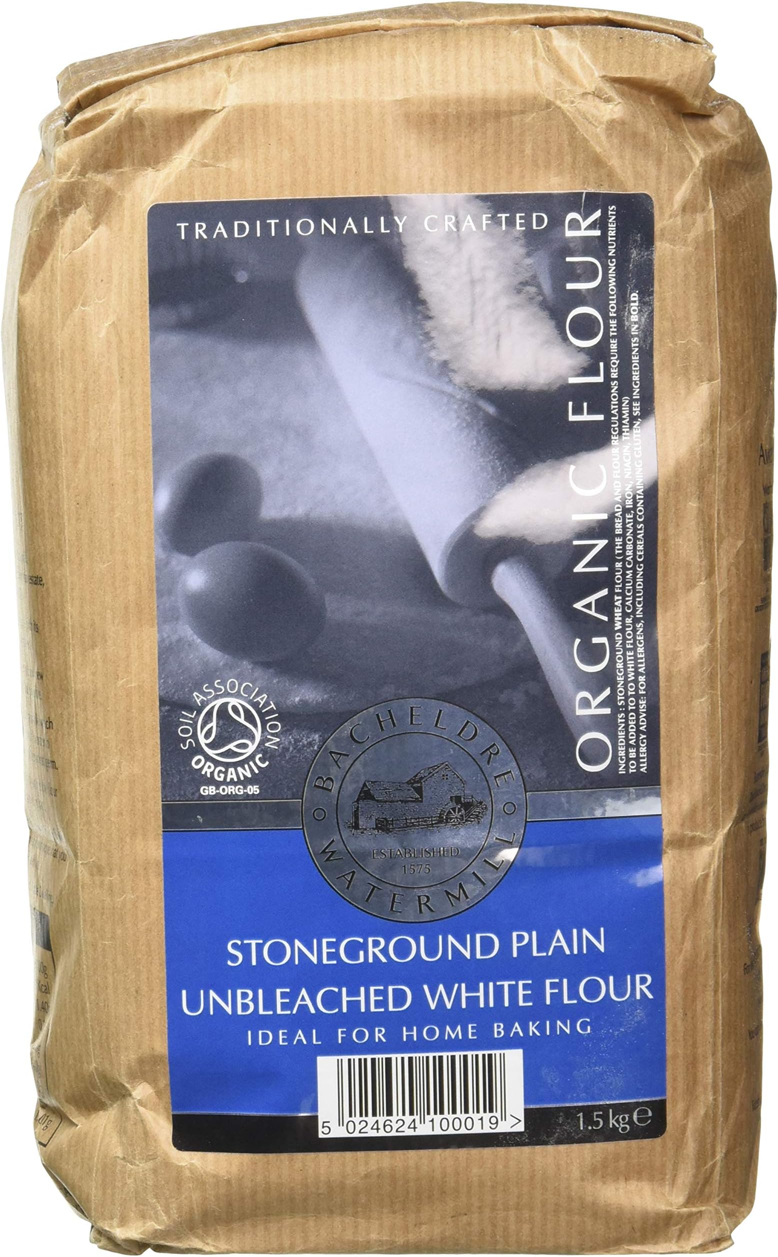 Bacheldre Watermill Organic Stoneground Plain Unbleached White Flour 1.5 kg (Pack of 5)