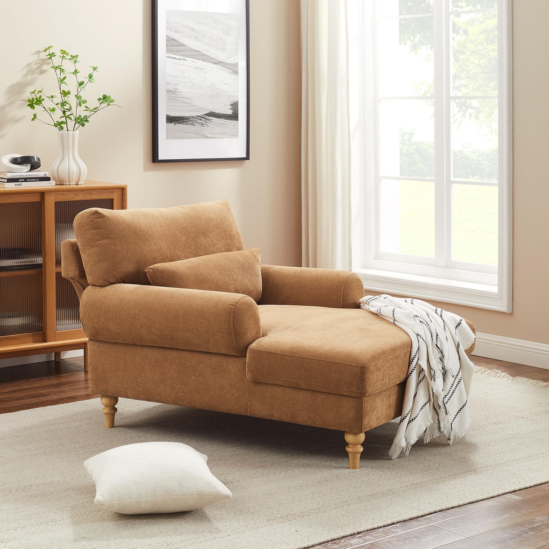 Modern Chaise Lounge Chair with Adjustable Backrest, Upholstered Indoor Leisure Sofa Recliner, Oversized Accent Chair Deep Seat Reading Armchair for Living Room, Bedroom, Office, Light Curry