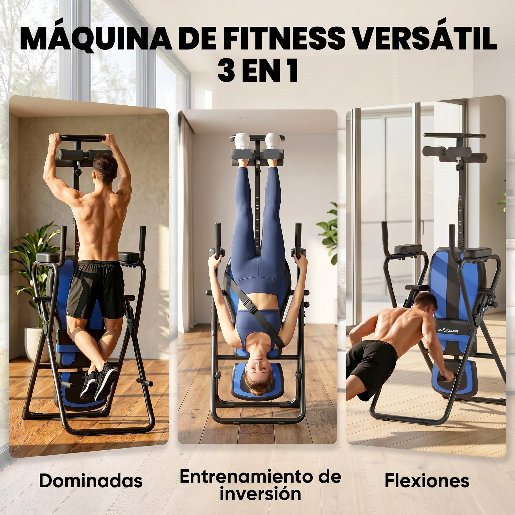 SPORTNOW Tabla de Inversión Plegable 3 en 1 con Dominadas y Flexiones Reposacabezas Altura Ajustable 155-198 cm Ángulos 20° 40° 60° Banco de Inversión con Soporte Lumbar Tobillo Bloqueo Cinturón