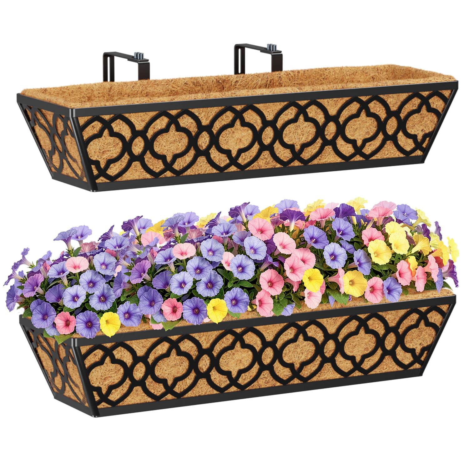 Hfhome Flower-Type 2Pcs 60.9Cm/24In Railing Planter Box, Hanging Flower Baskets With Coco Liner And Adjustable Brackets, Metal Planter Boxes For Window Box Porch Balcony Fences