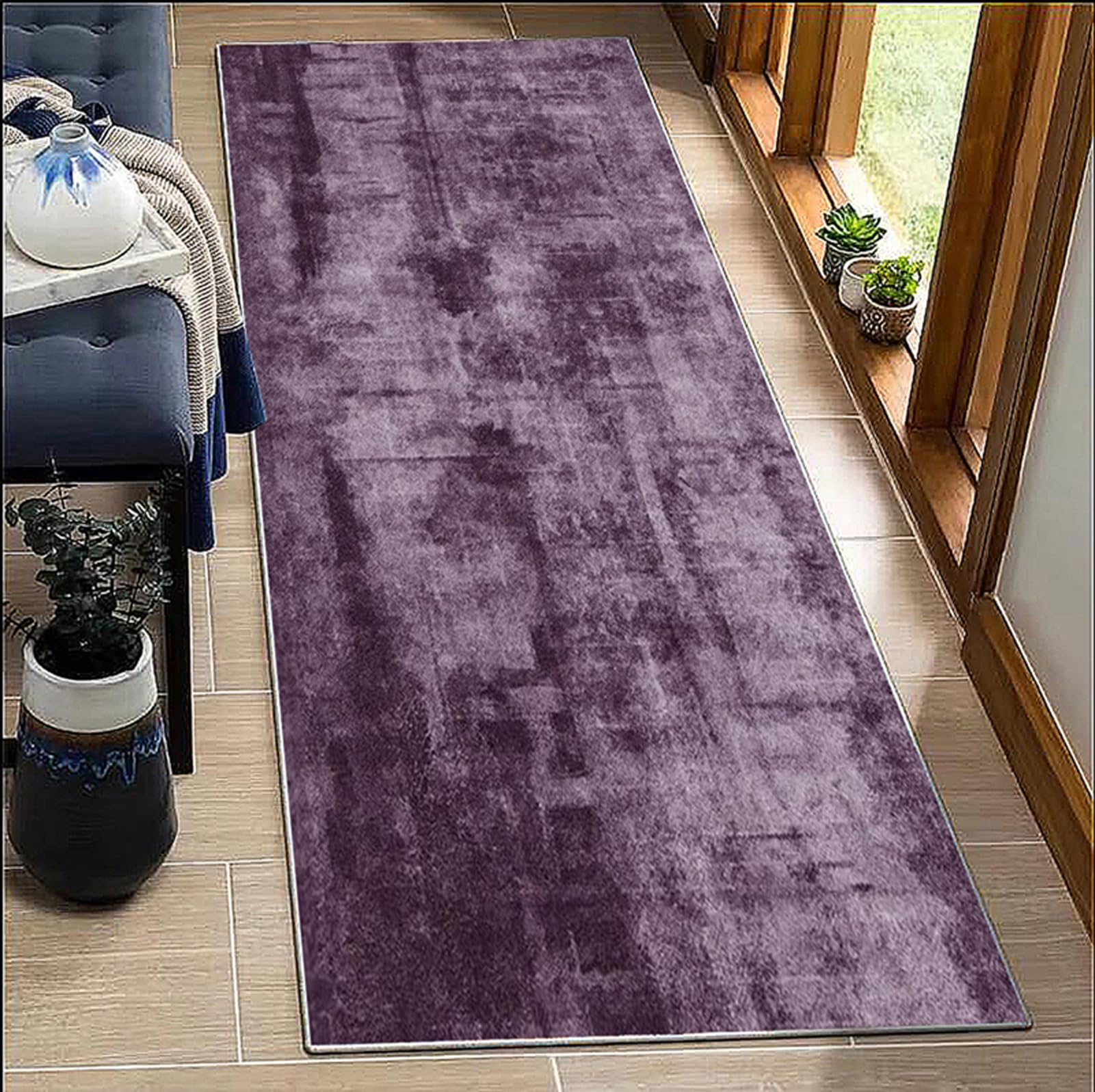 BORKOY Abstract Design Purple Carpet Runner 50x80cm Non-Slip Washable Hallway Runner Rug Long Lasting Kitchen Floor Mat for Living Room Bedroom Corridor Entryway