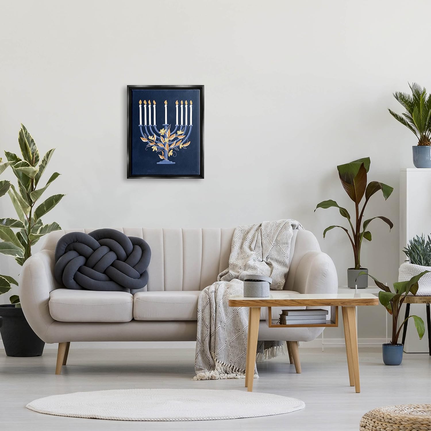 'Traditional Floral Hanukkah Menorah'| Floating Frame Canvas Art | Stupell Industries | Black, 17 x 21 Inches, Easy to Hang and Sturdy, Made in USA, by House Fenway